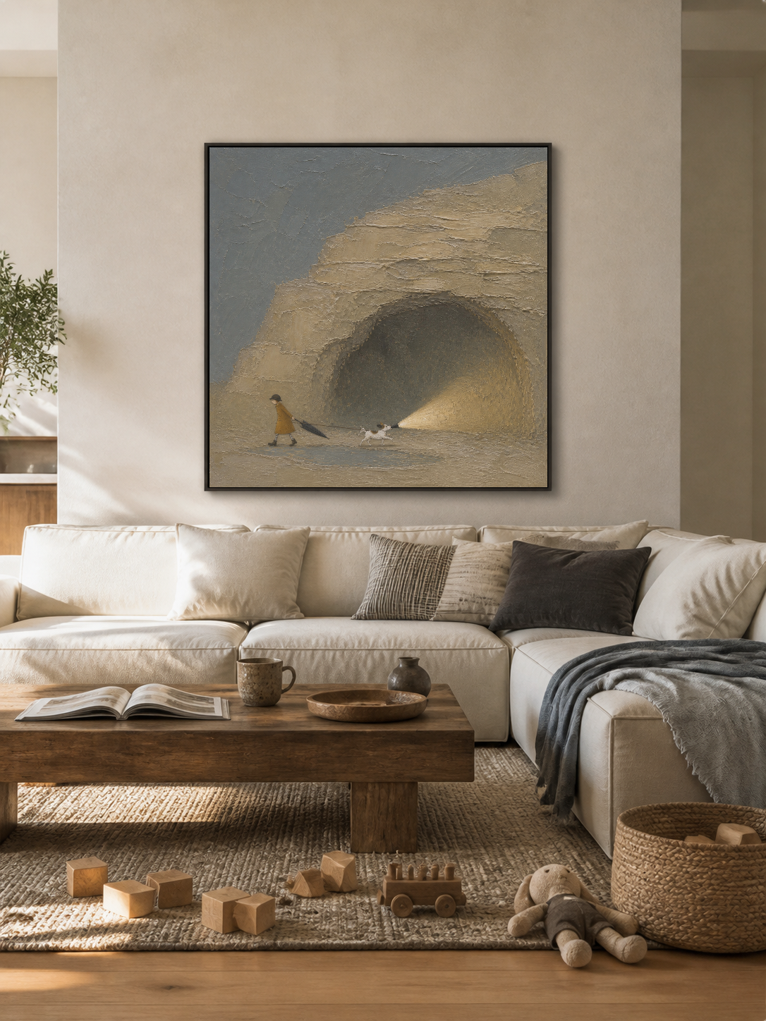 Textured Coastal Travel Art With Surreal Cave Scene In Beige And Grey Tones For Living Room