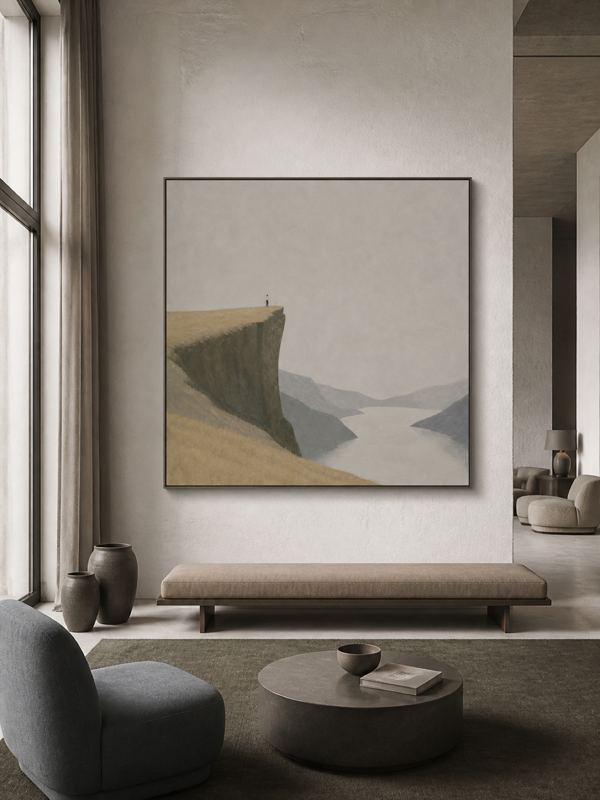 Large Hand Painted Fjord Landscape Oil Painting Tiny Figure Art For Bedroom