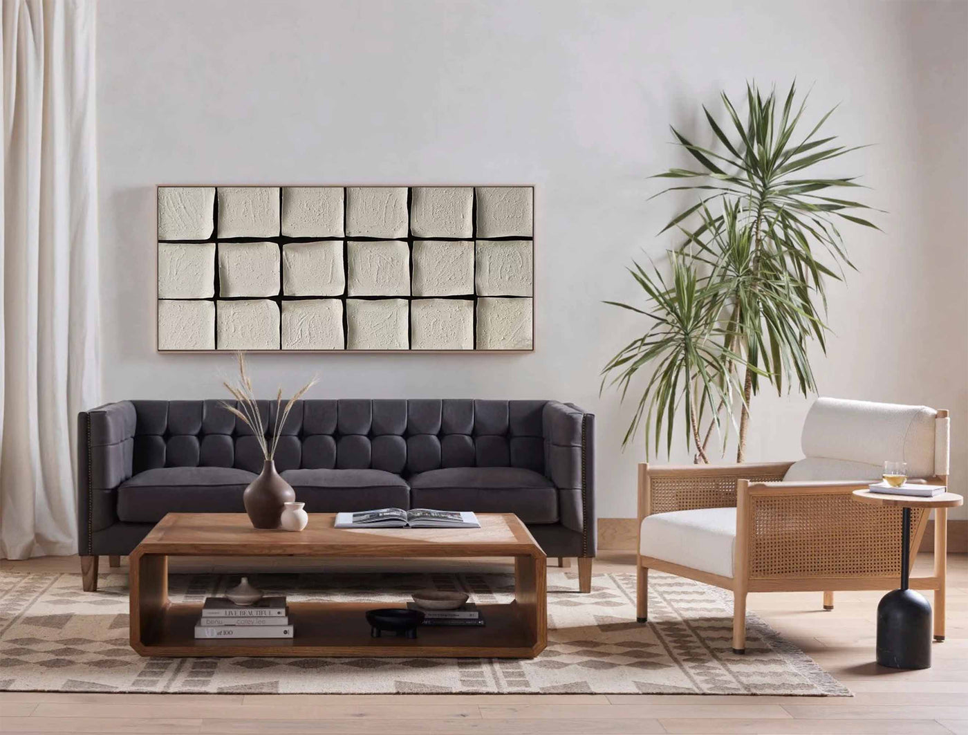 View of Large Framed Black and White Abstract Wall Art for Living Room, Grey ...