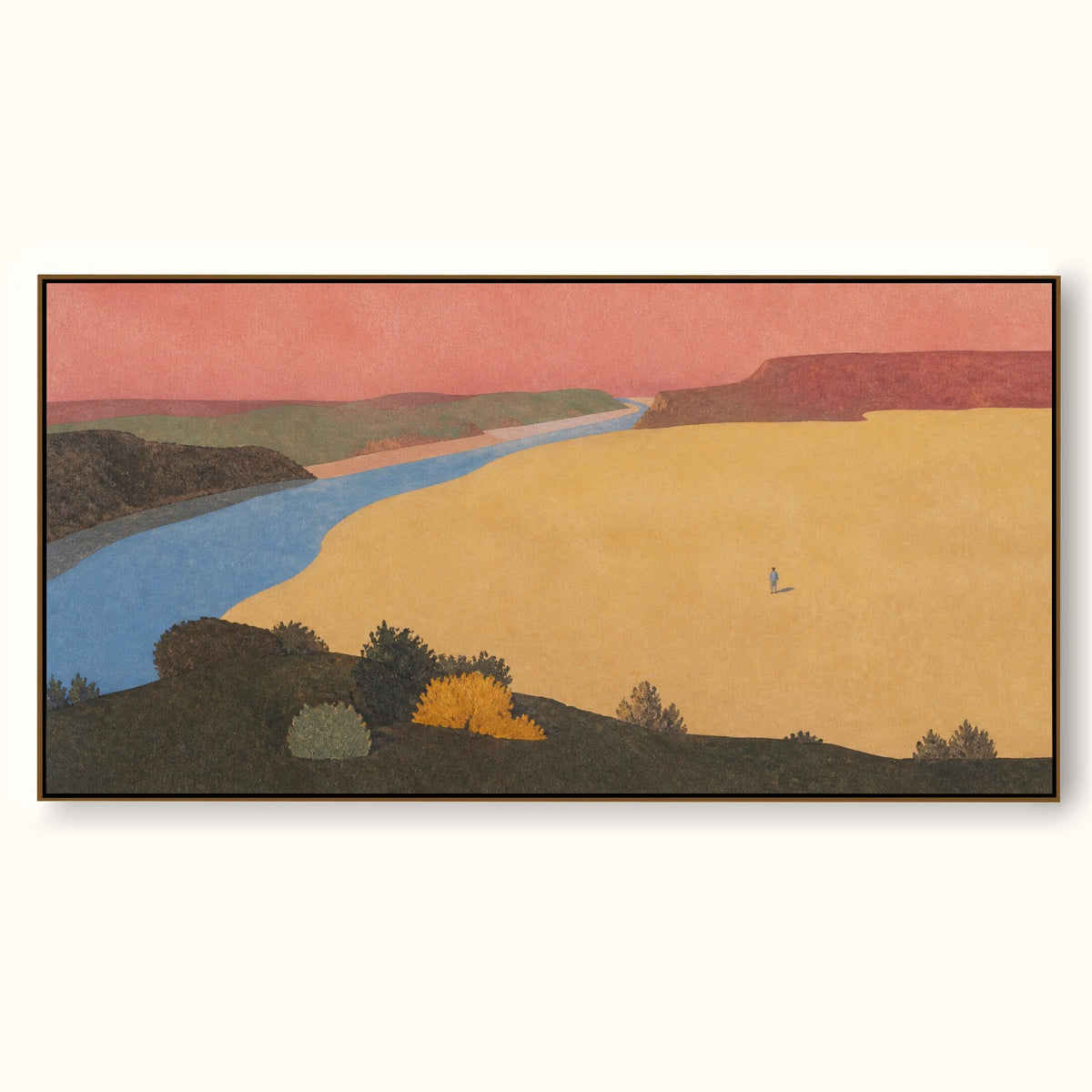 Colorful Coral River Valley Canvas Art With Lone Figure For Bedroom Decor
