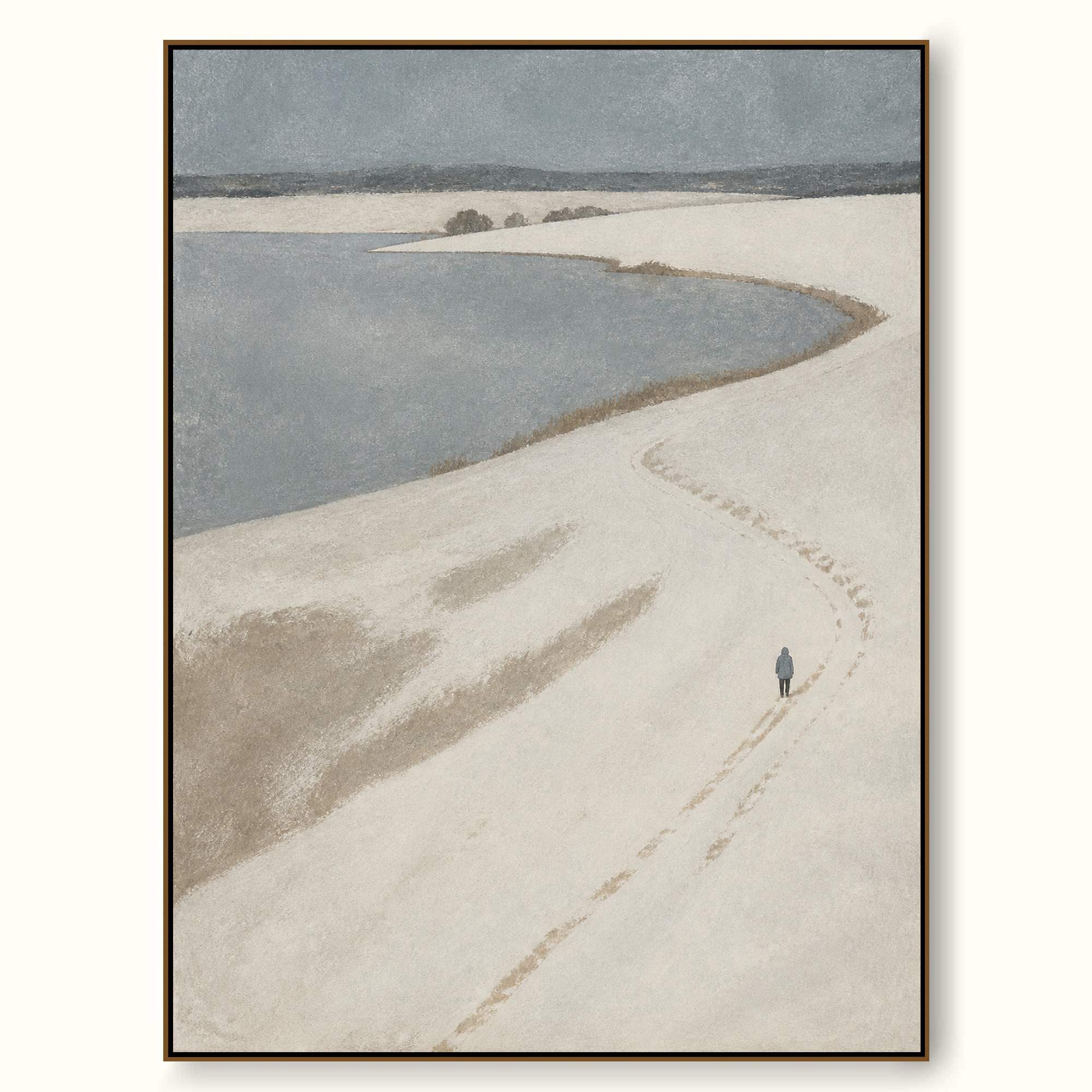 Solitary Walker Following A Snowy Coastal Path Contemporary Oil Painting