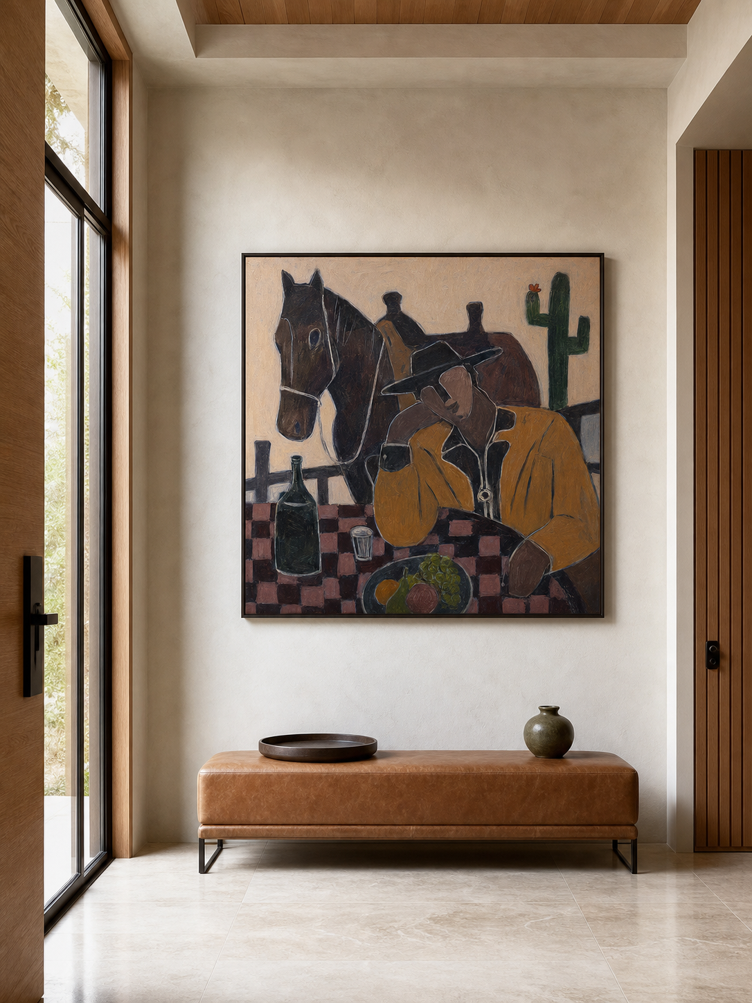 Modern Cowboy And Horse Painting For Rustic Home Decor With Earthy Tones