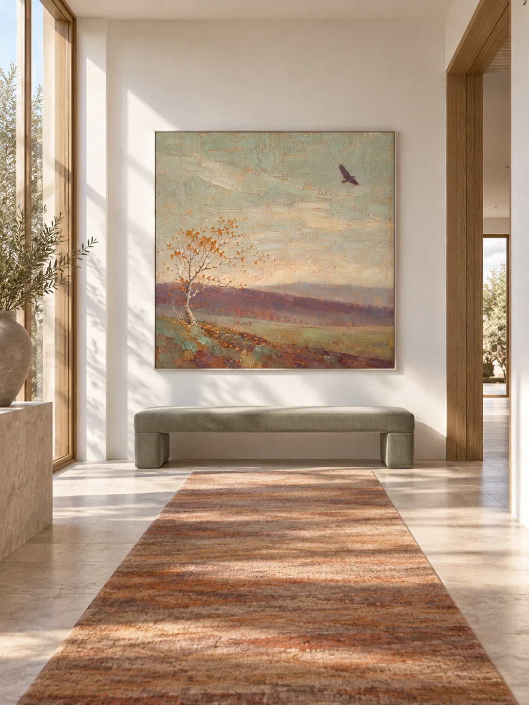 Minimalist Countryside Landscape Canvas Art With Lone Autumn Tree And Bird