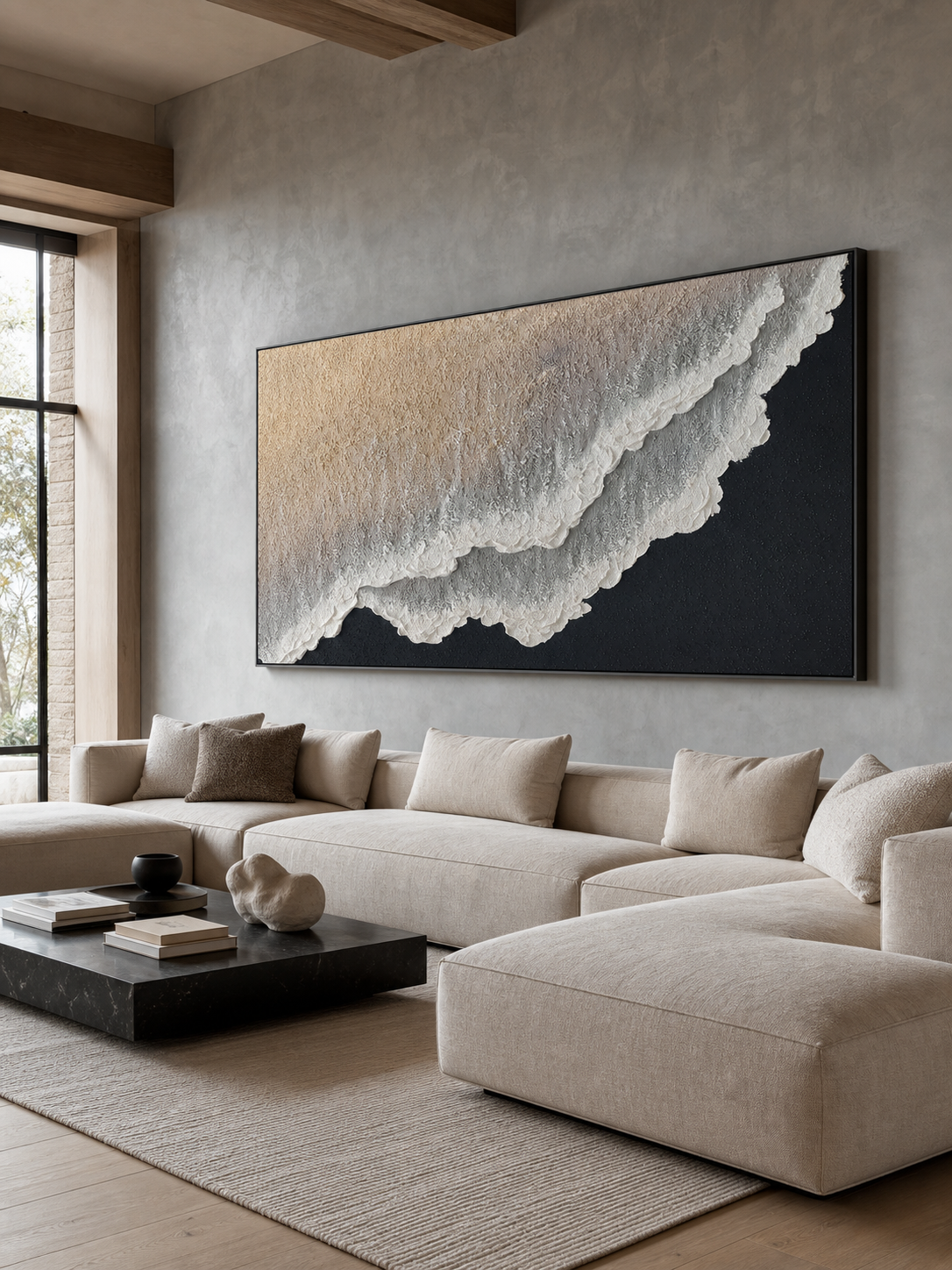 3D Hand Painted Ocean Wave Art Minimalist Beige Black Wall Decor For Living Room
