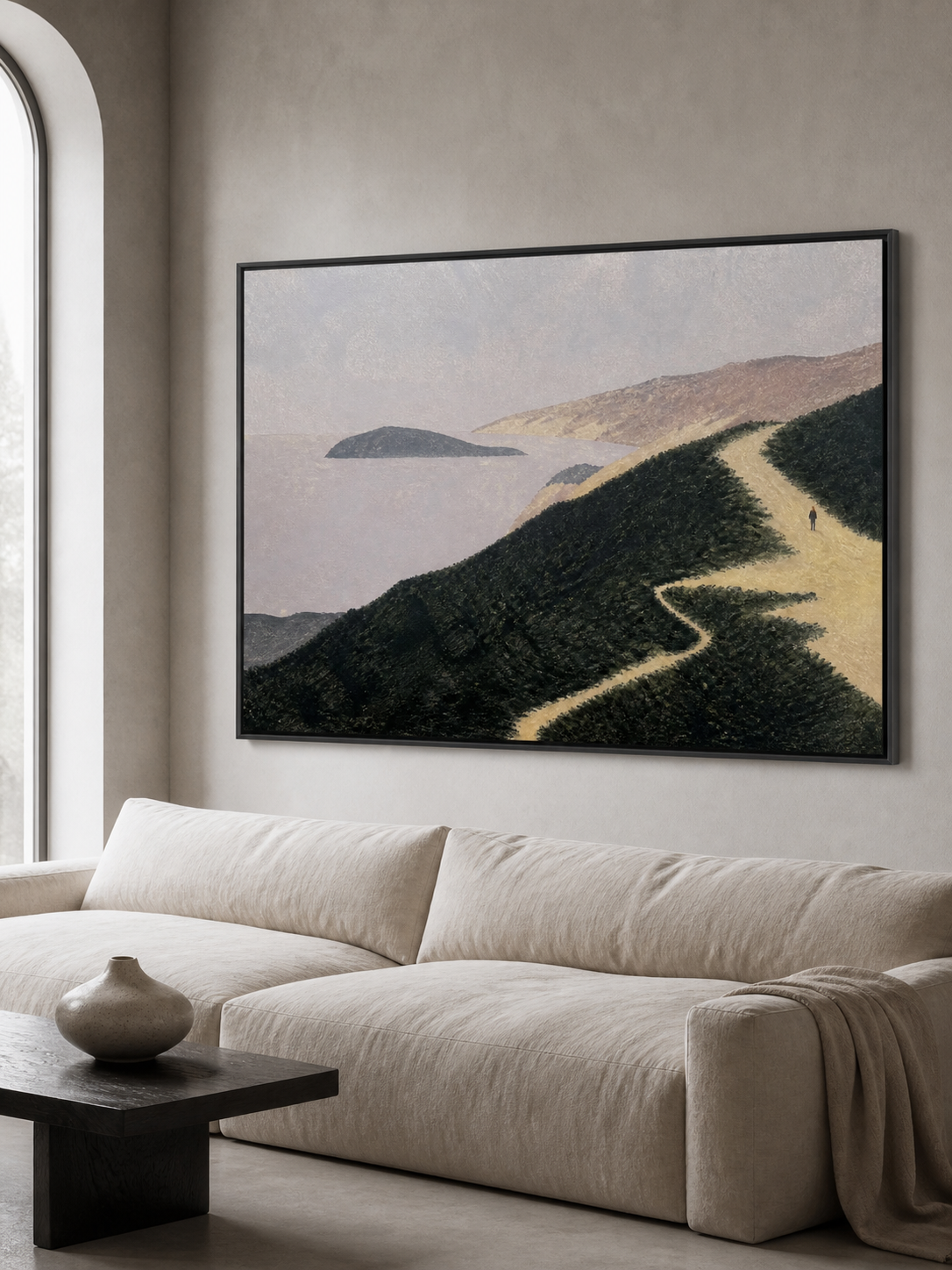 Minimalist Landscape Painting With Lone Figure On Coastal Path Hand-Painted Canvas Art