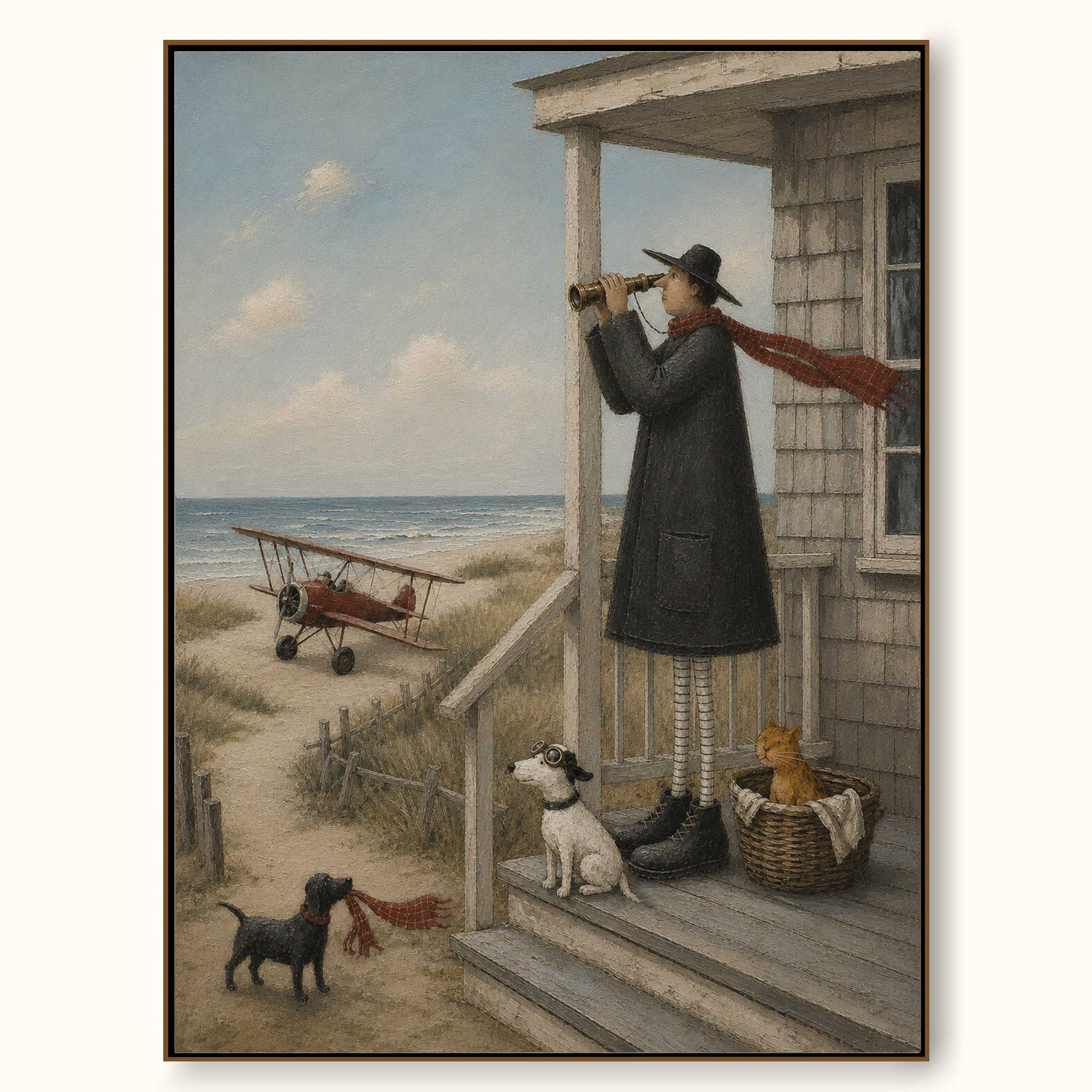 Charming Coastal Art Featuring A Seaside Porch And Vintage Biplane
