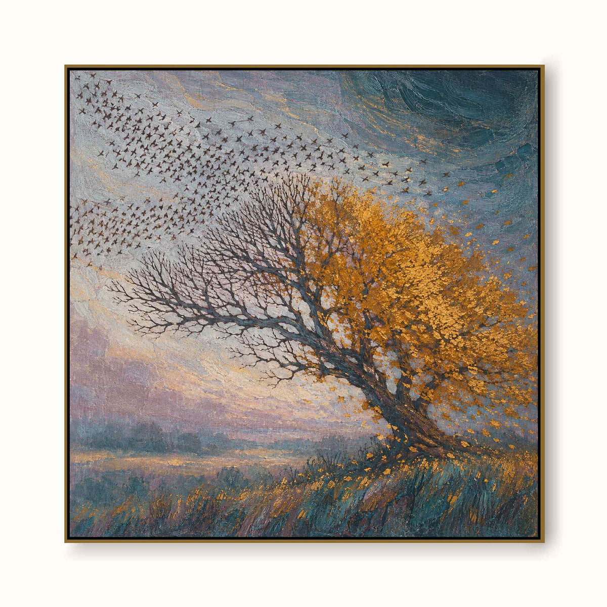 Large Autumn Tree Wall Art Hand Painted Textured Birds And Landscape Painting