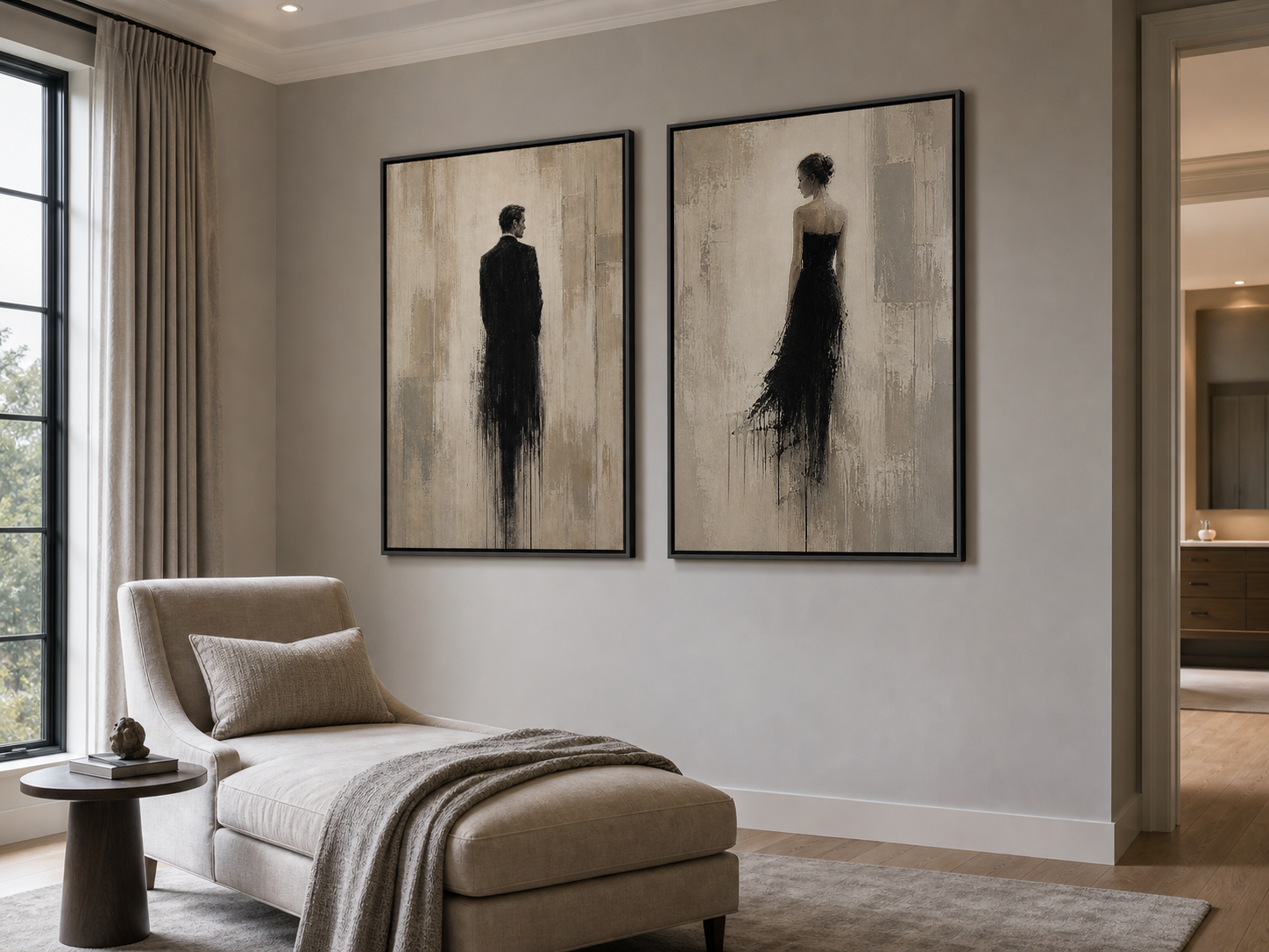 Abstract Figurative Oil Painting Diptych Beige And Black Human Forms For Living Room Wall