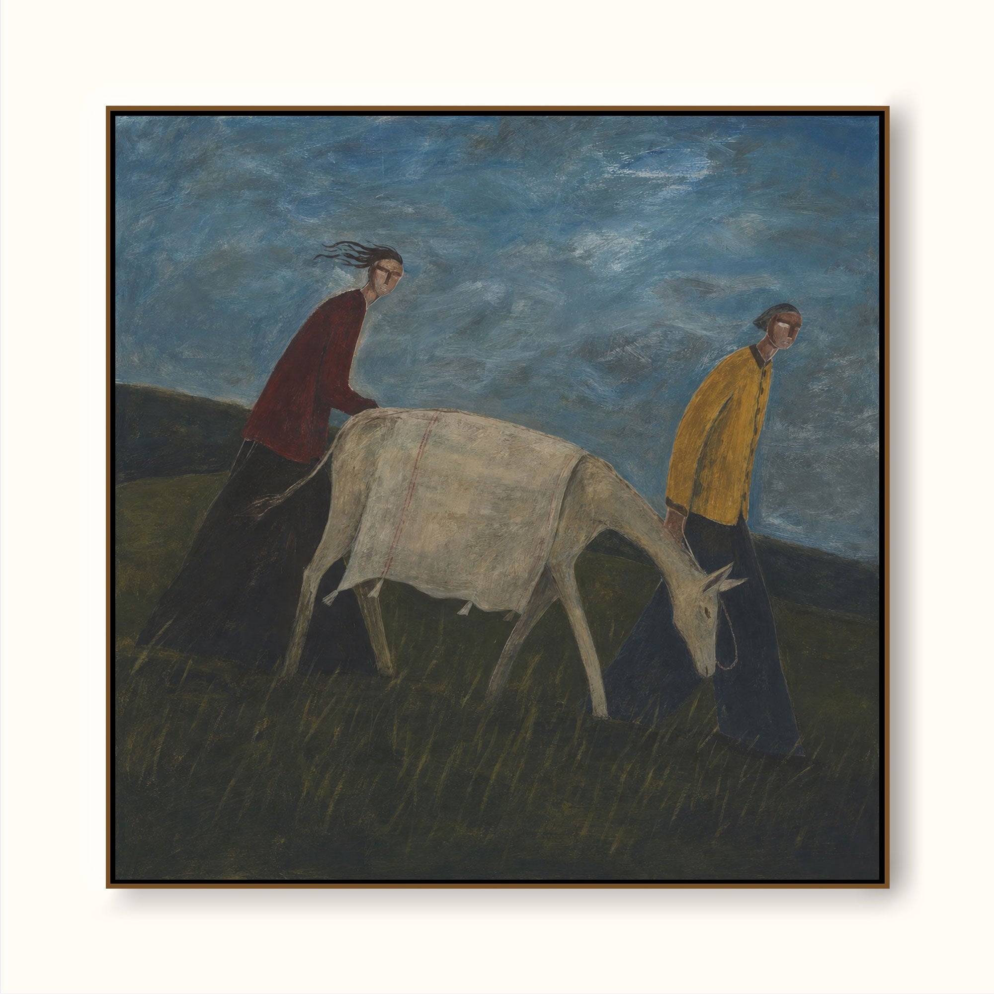 Vintage Folk Painting With People And Animal In Countryside Scene For Rustic Home Decor