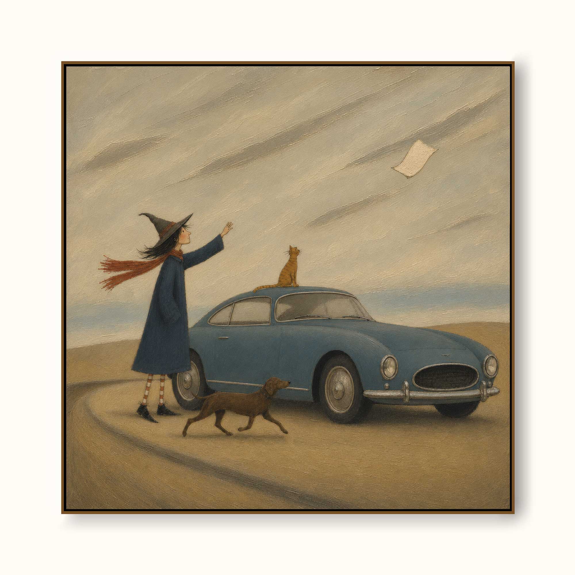 Whimsical Storybook Painting With Vintage Car And Witch For Unique Home Decor