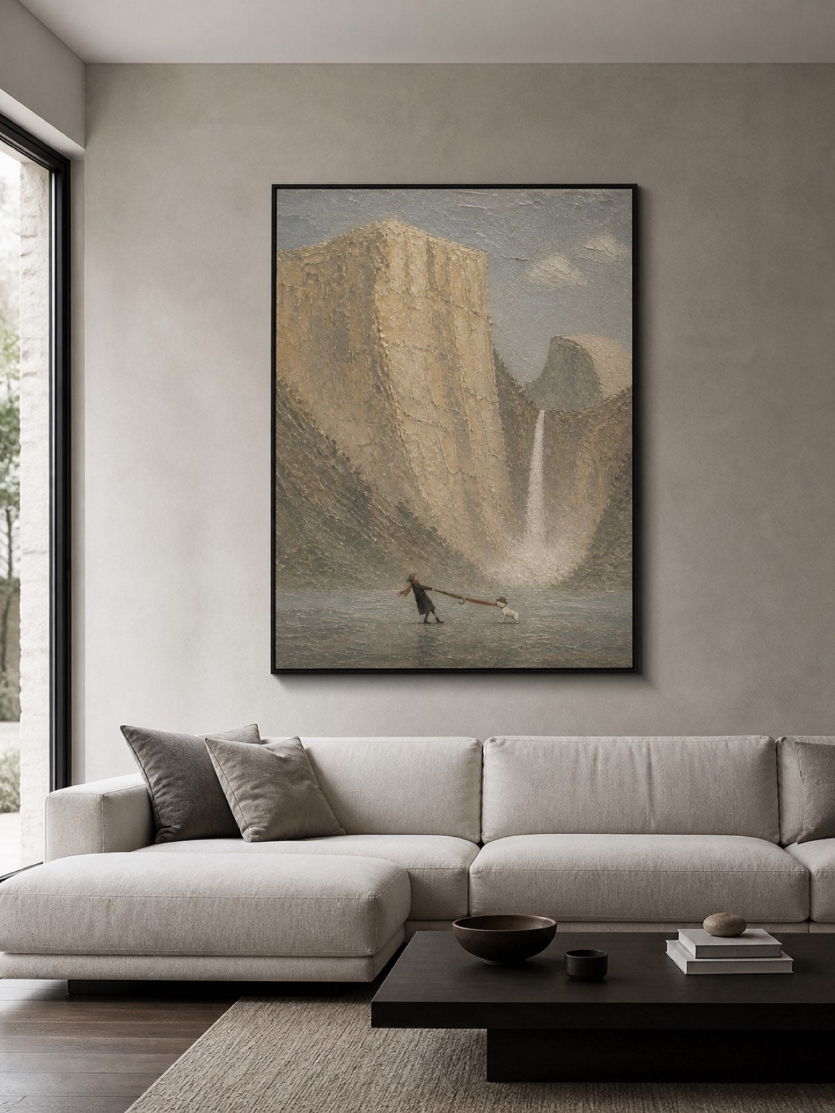 Vintage Traveler And Dog Canvas Painting With Textured Mountain