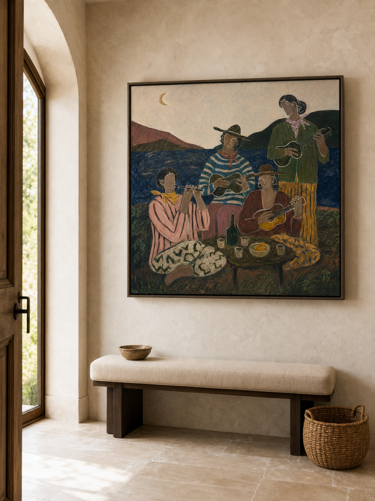 Retro Bohemian Gathering Artwork Earthy Tones Original Oil Painting For Home