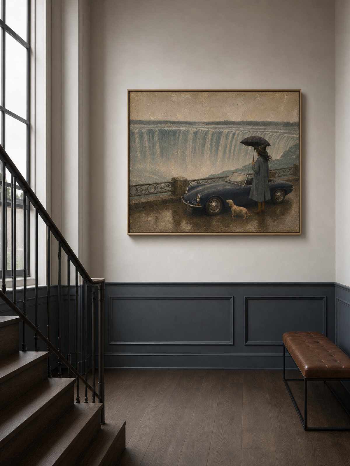 Surreal Landscape Oil Painting Featuring Retro Convertible And Waterfall View