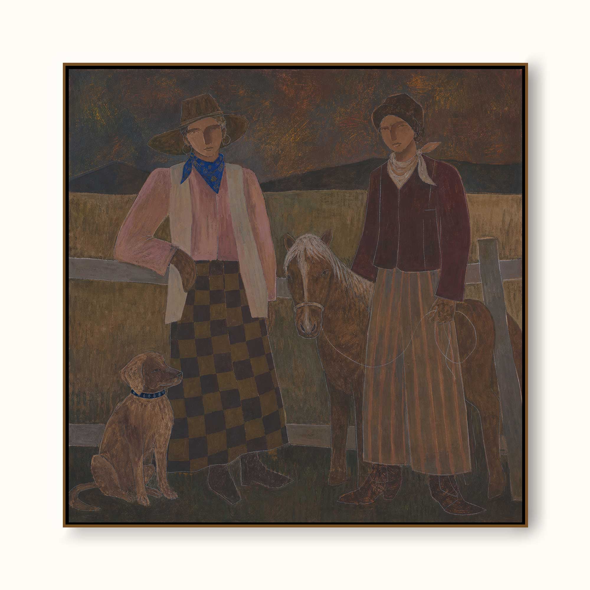 Vintage Western Art Painting With Horse And Dog For Rustic Home Decor