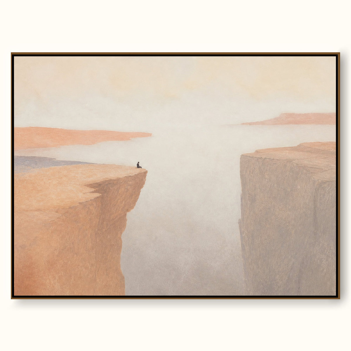 Solitary Figure On Peach Cliff Hand-Painted Canvas Wall Art In Neutral Tones
