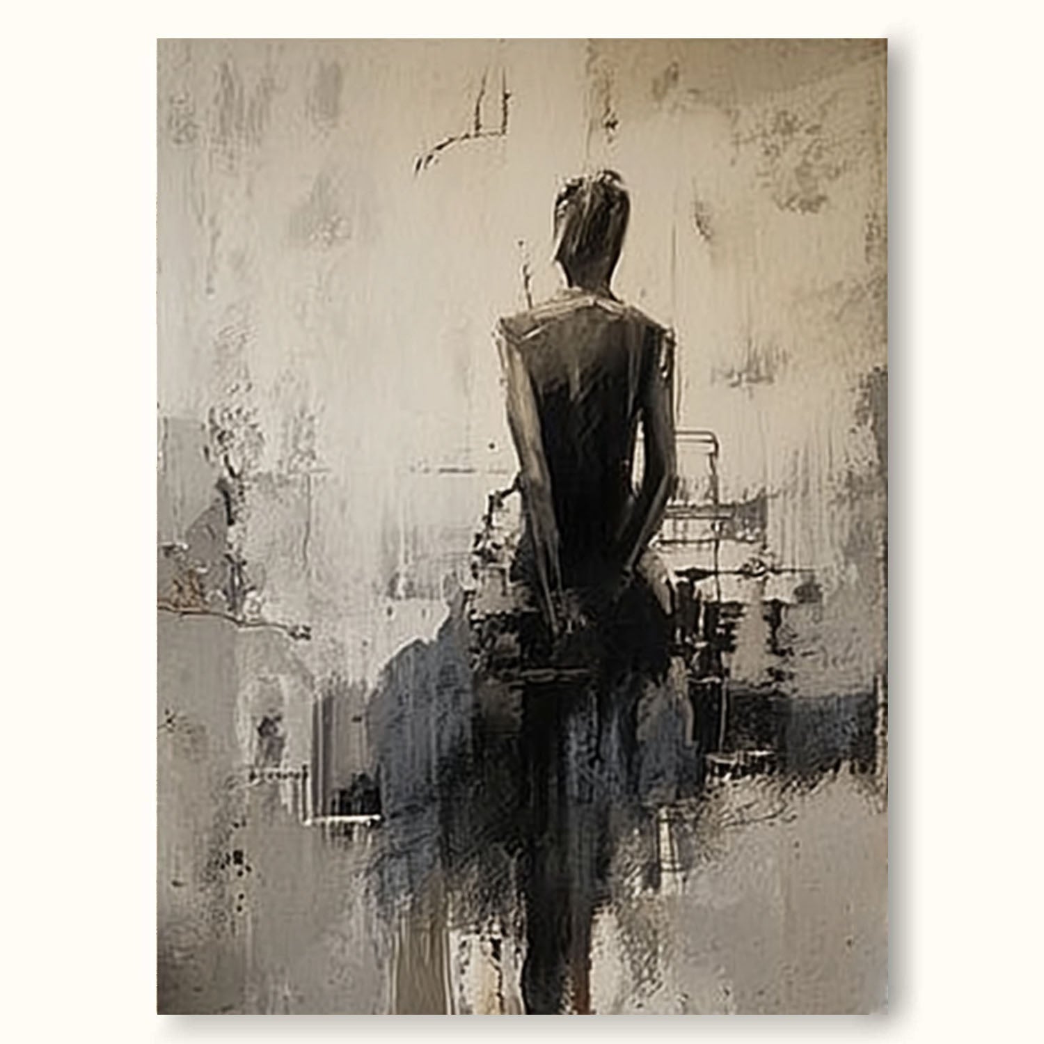 Minimalist Abstract Lady Canvas Artwork Handmade Black And Beige Lady Oil Painting Handmade Abstract Woman In Black Dress Oil Painting