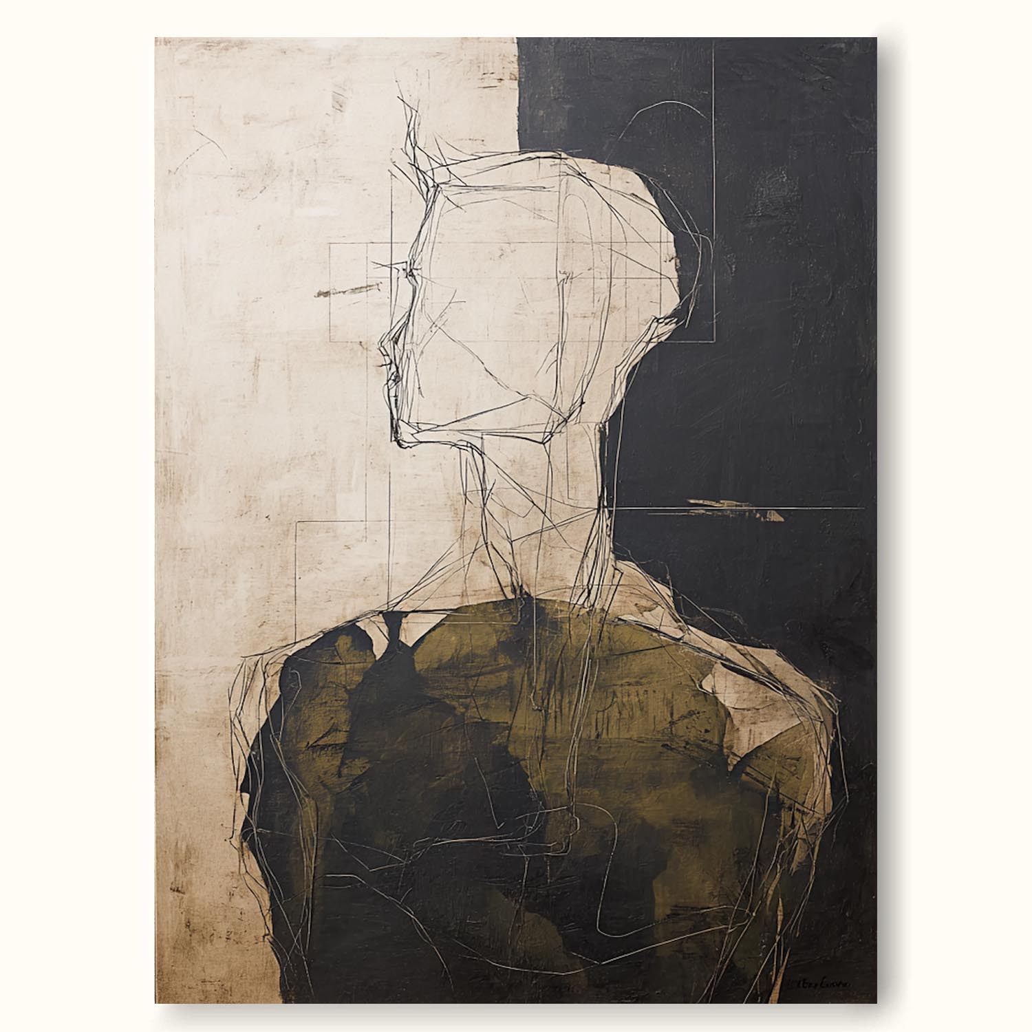 Black Beige Abstract Figure Painting Neutral Black And Beige Abstract Portrait Art Large Figure Wall Art For Home Interiors