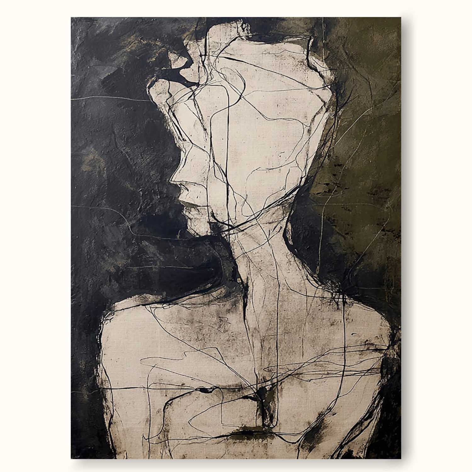 Contemporary Black and Beige Minimalist Figure Painting Minimalist Figurative Wall Art Organic Line Drawing Oil Artwork