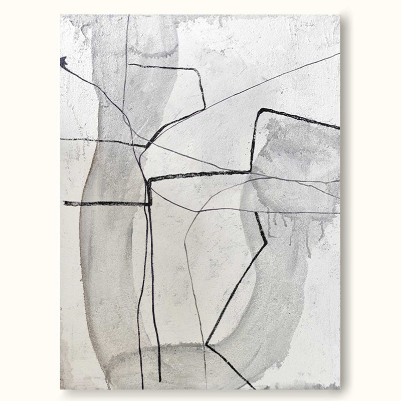 Large Black White Grey Minimalist Line Canvas Art Framed Modern Minimal Line Painting Acrylic