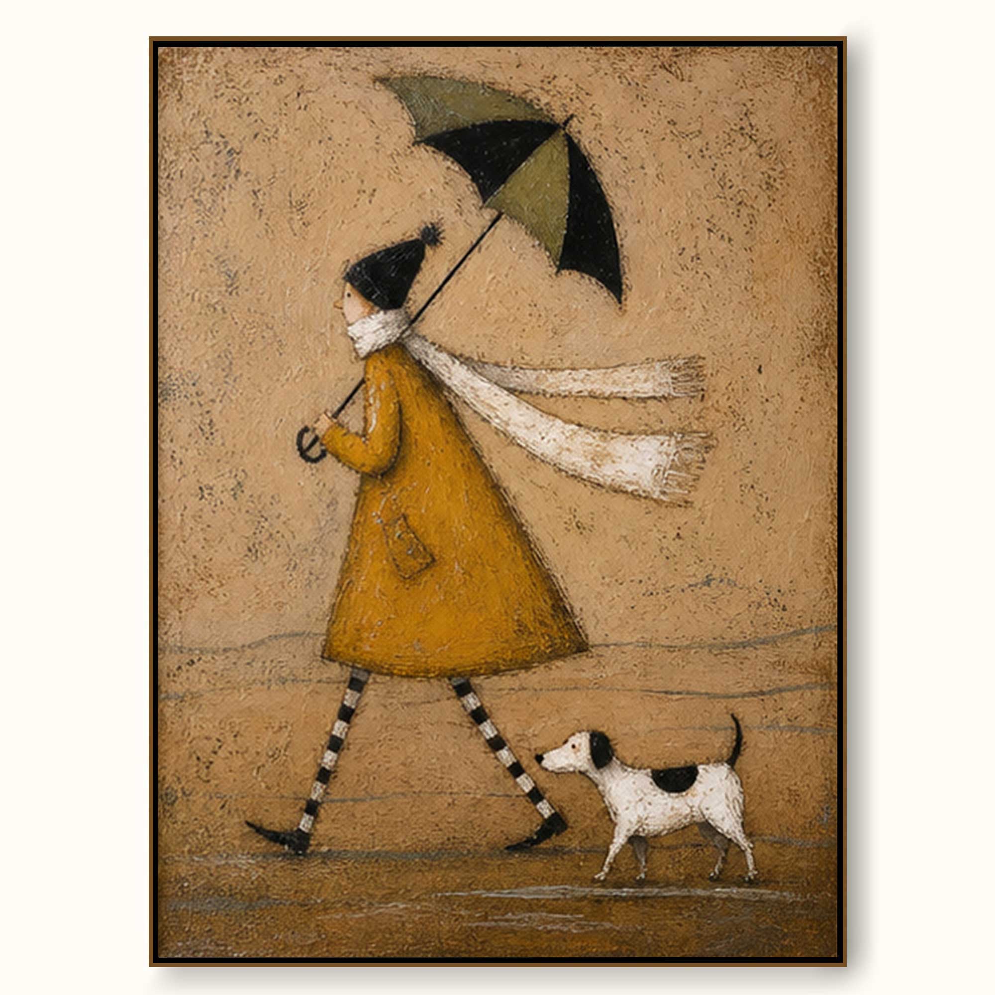 Textured Vintage Figure Canvas Painting Umbrella Moody Folk Art Wall Decor