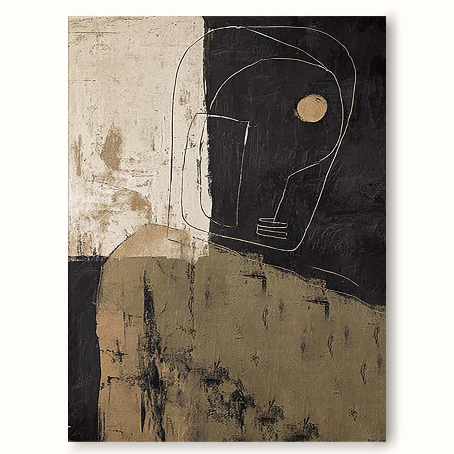 Contemporary Beige And Black Abstract Face Painting Original Black Abstract Portrait Wall Art Minimalist Abstract Figurative Oil Painting