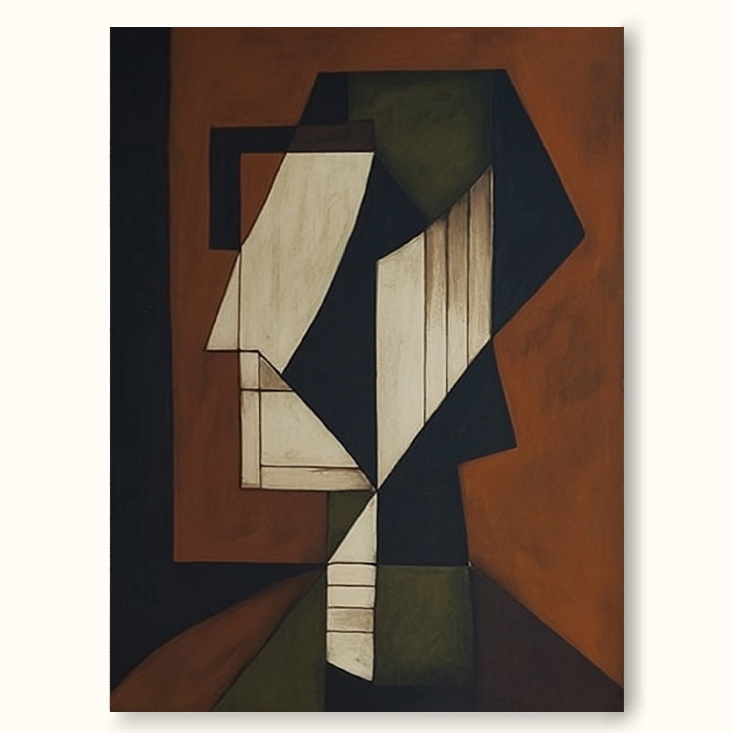 Modern Handmade Face Painting Large Abstract Geometric Portrait Painting Neutral Wabi Sabi Face Wall Art