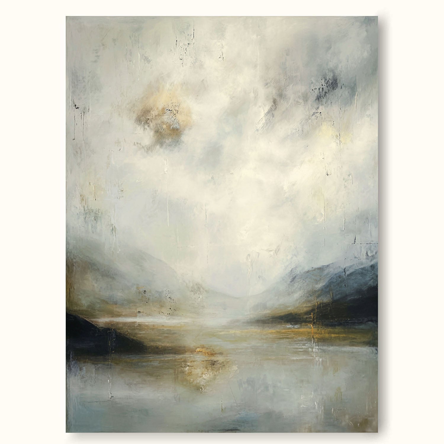 Large Neutral Landscape Oil Painting Minimalist Beige And Gray Lake Canvas Wall Art Original Abstract Lake Wall Art