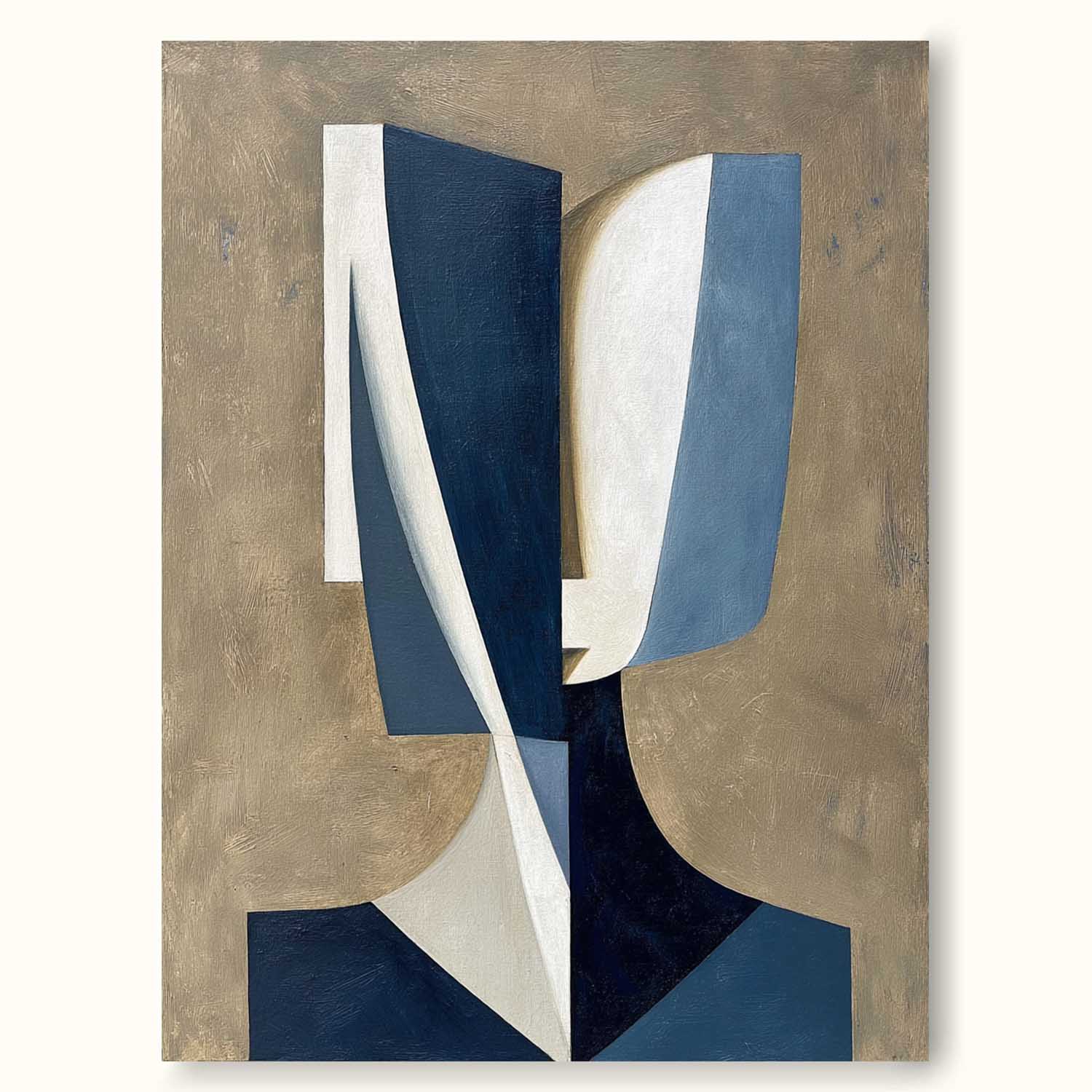 Minimalist Blue And White Face Geometric Oil Painting Large Abstract Geometric Portrait Wall Art Original Handmade Portrait Canvas