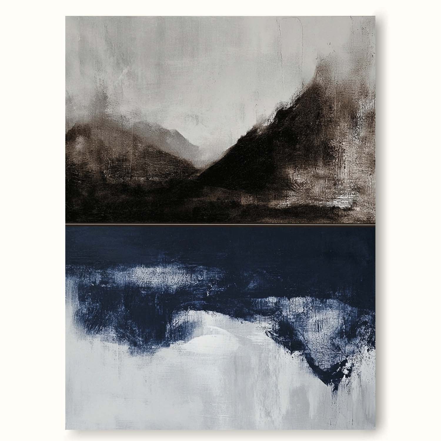 Minimalist Abstract Landscape Oil Painting Neutral Wabi Sabi Wall Art Black And Blue Handmade Canvas Painting