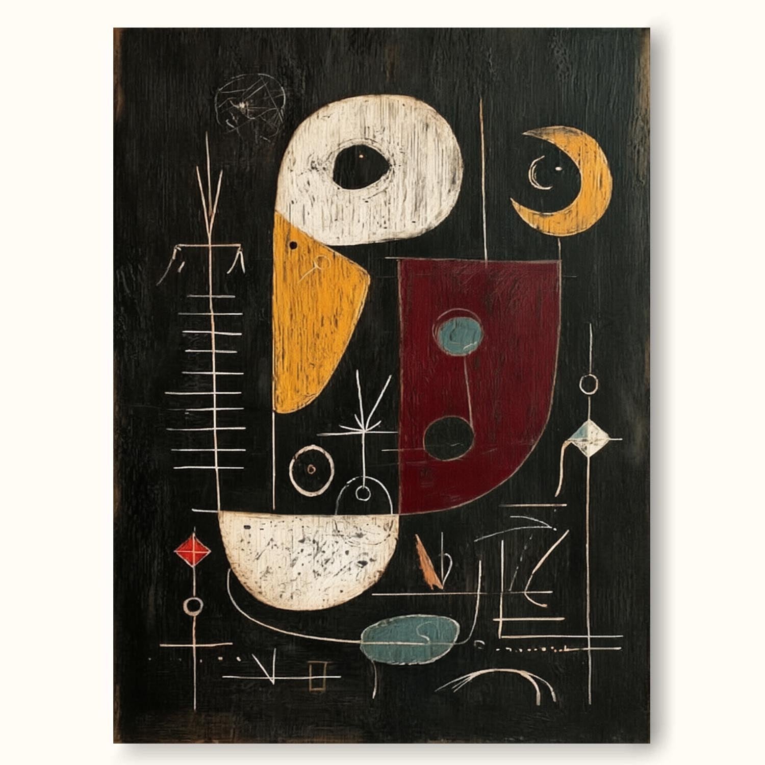 Tall Vertical Abstract Painting With Bold Geometric Shapes And Red Accents