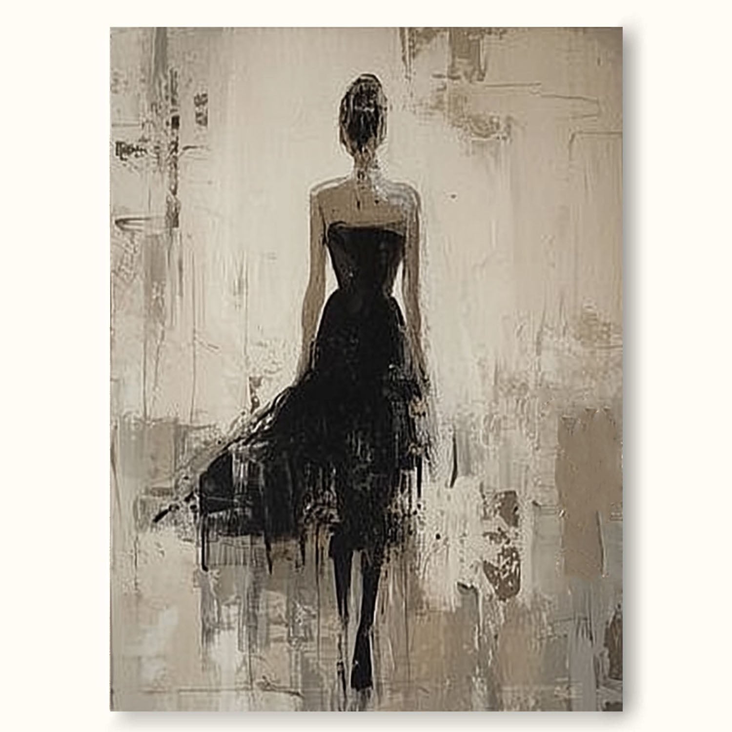 Handmade Modern Woman Art In Black Dress Large Wabi Sabi Female Painting Neutral Abstract Female Figure Oil Painting