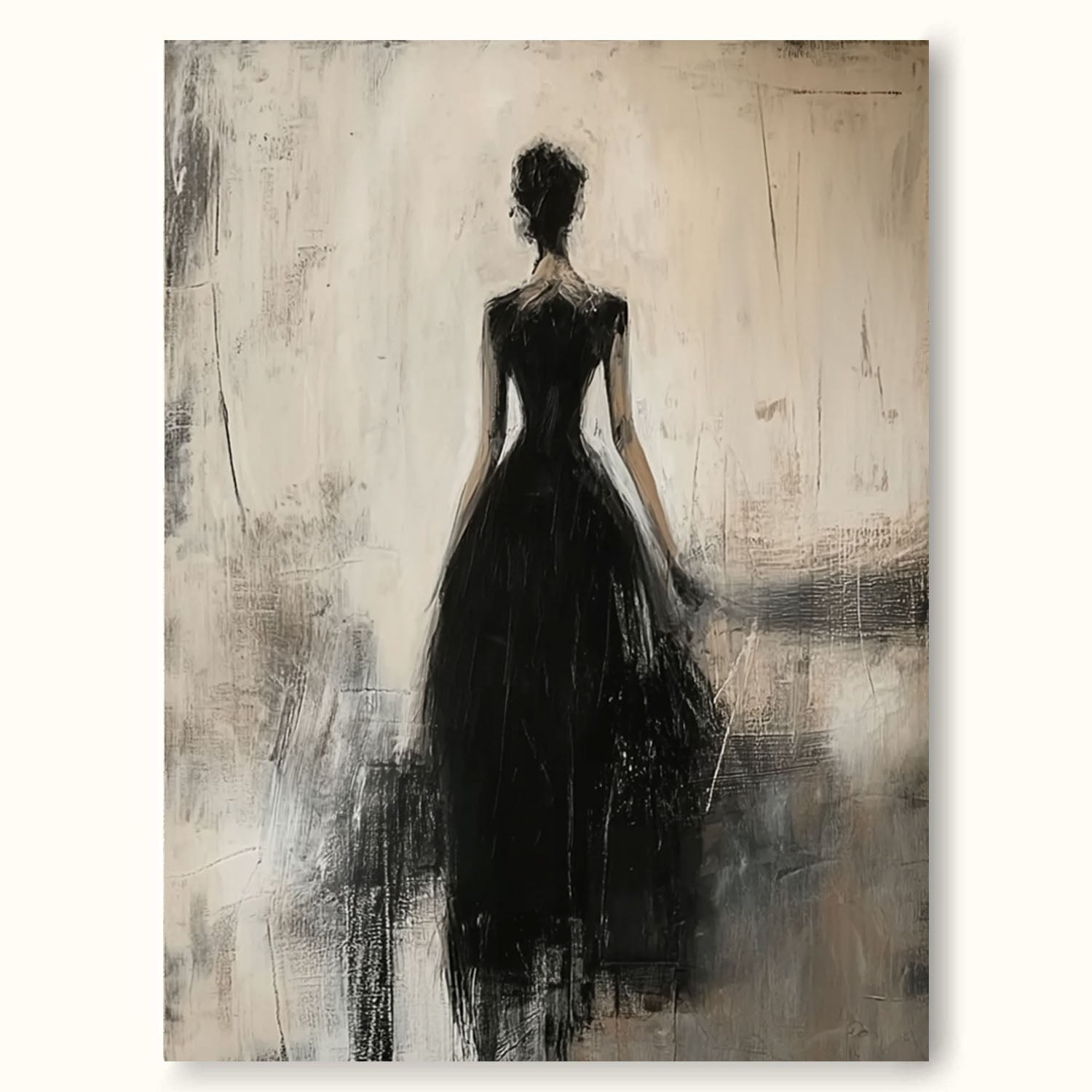 Contemporary Lady Painting In Black Dress Black Wabi-Sabi Abstract Painting Beige And Black Lady Canvas Art
