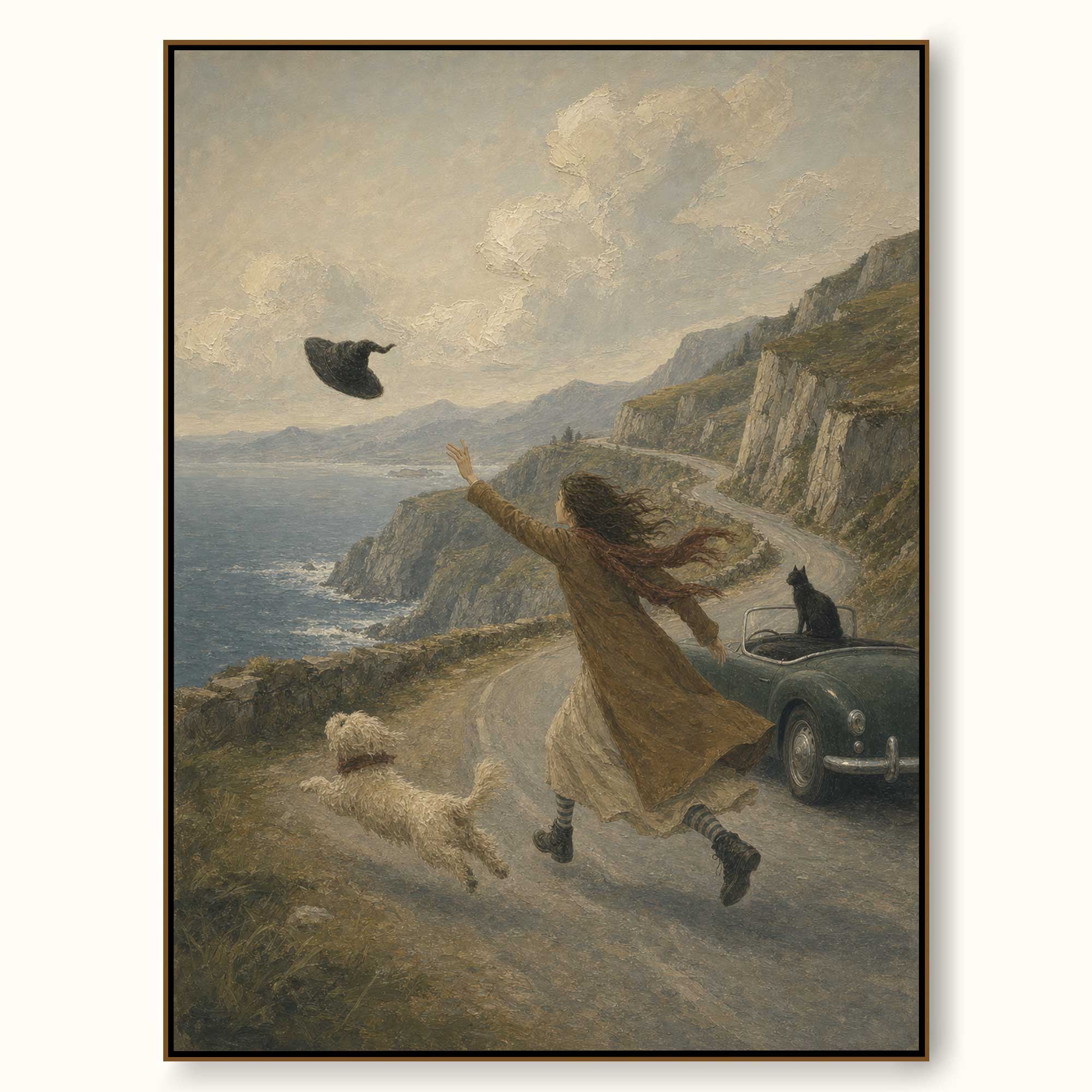 Hand Painted Vintage Road Trip Painting With Dog And Cat Coastal Adventure Wall Art