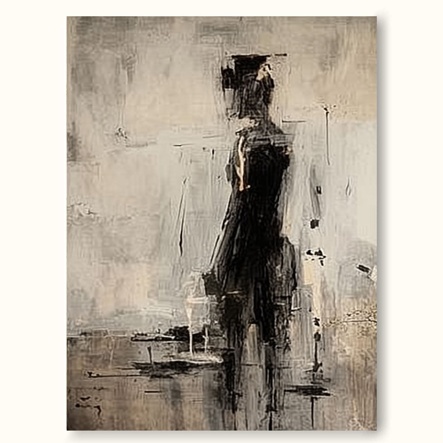 Black Abstract Wabi Sabi Character Painting Beige And Black Figurative Canvas Painting Neutral Minimalist Figure Wall Art