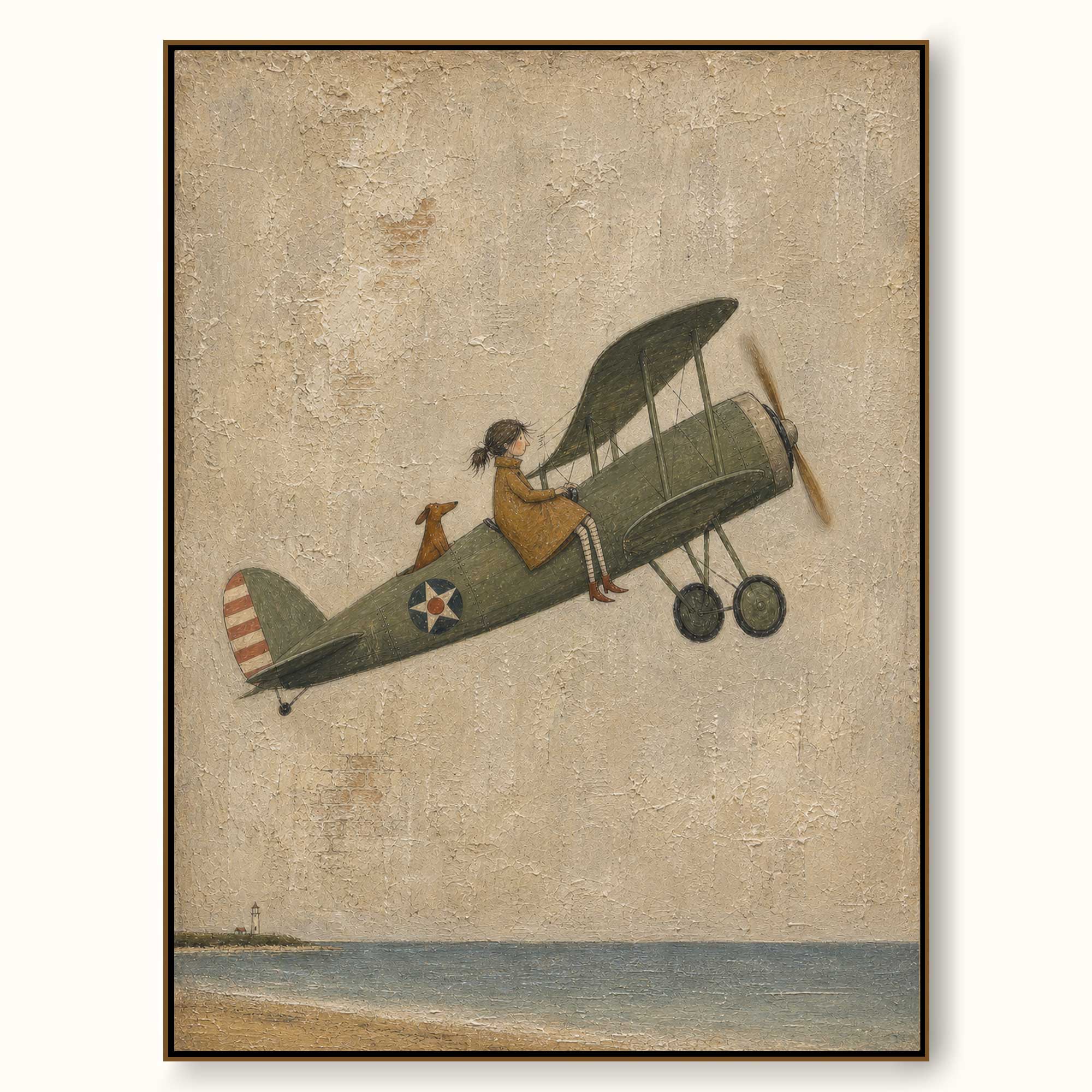 Vintage Airplane Painting Coastal Scene Original Art For Home Decor