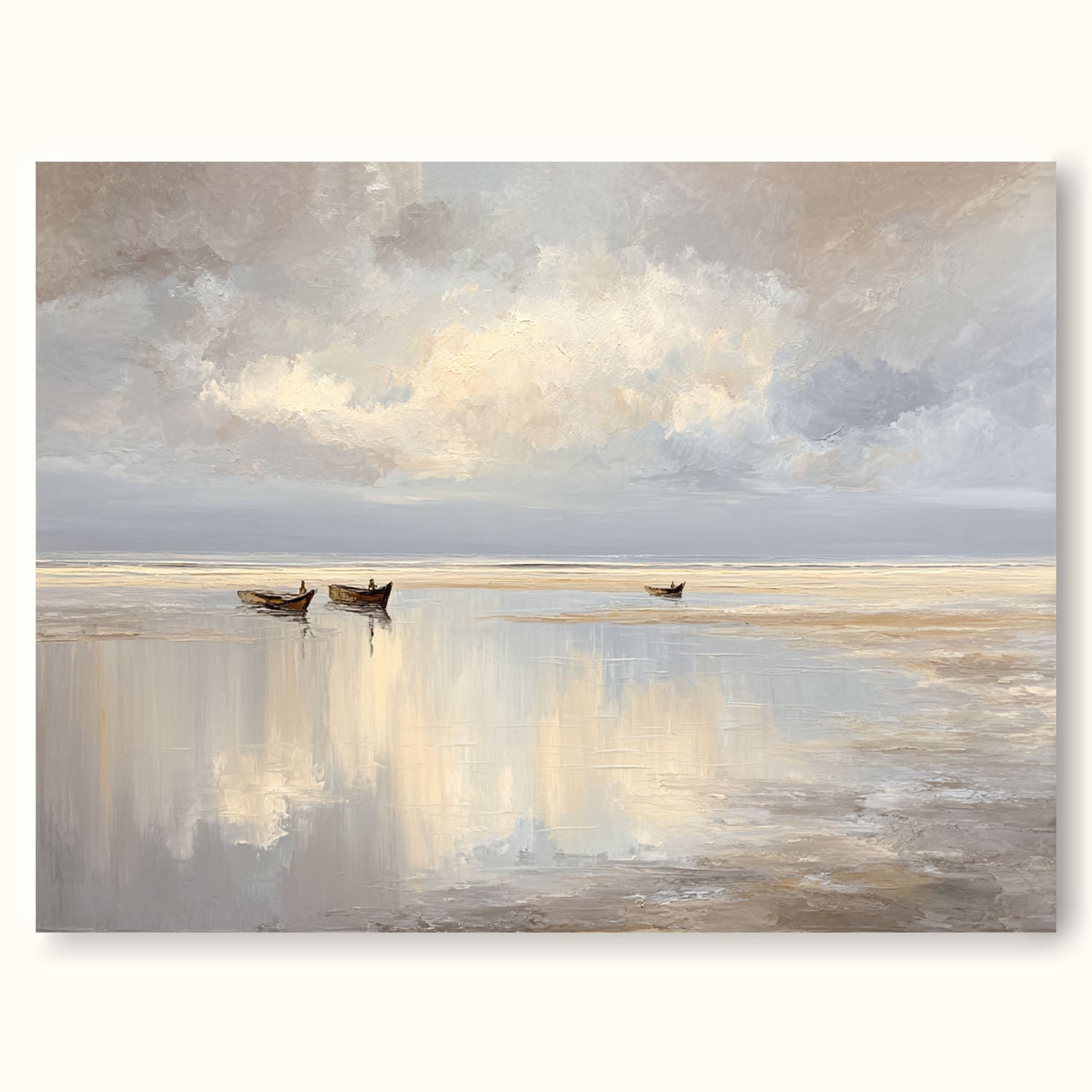 Neutral Handmade Seascape Art Large Beach Oil Painting Original Reflective Seascape In Neutral Tones