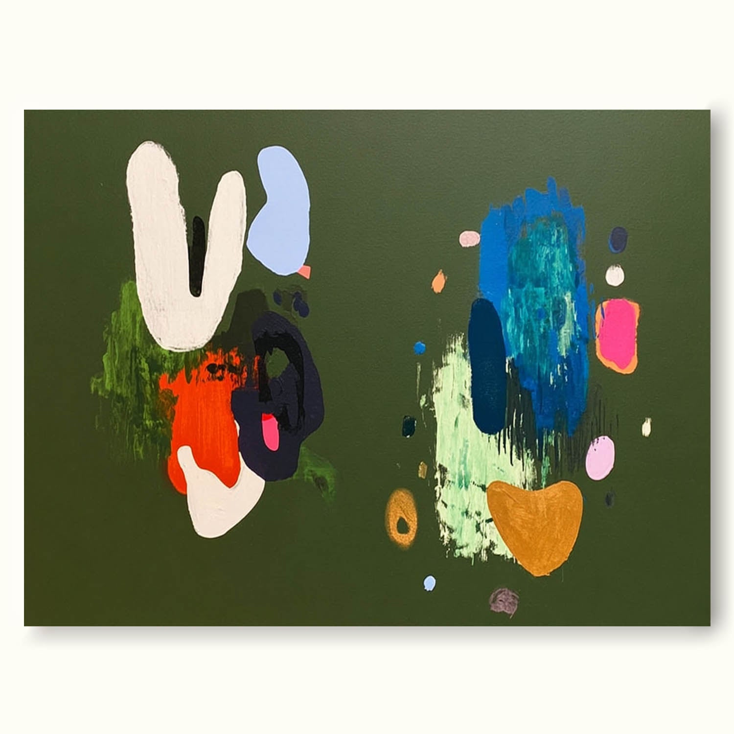 Large Horizontal Green Wall Art For Living Room With Abstract Figure Framed Painting