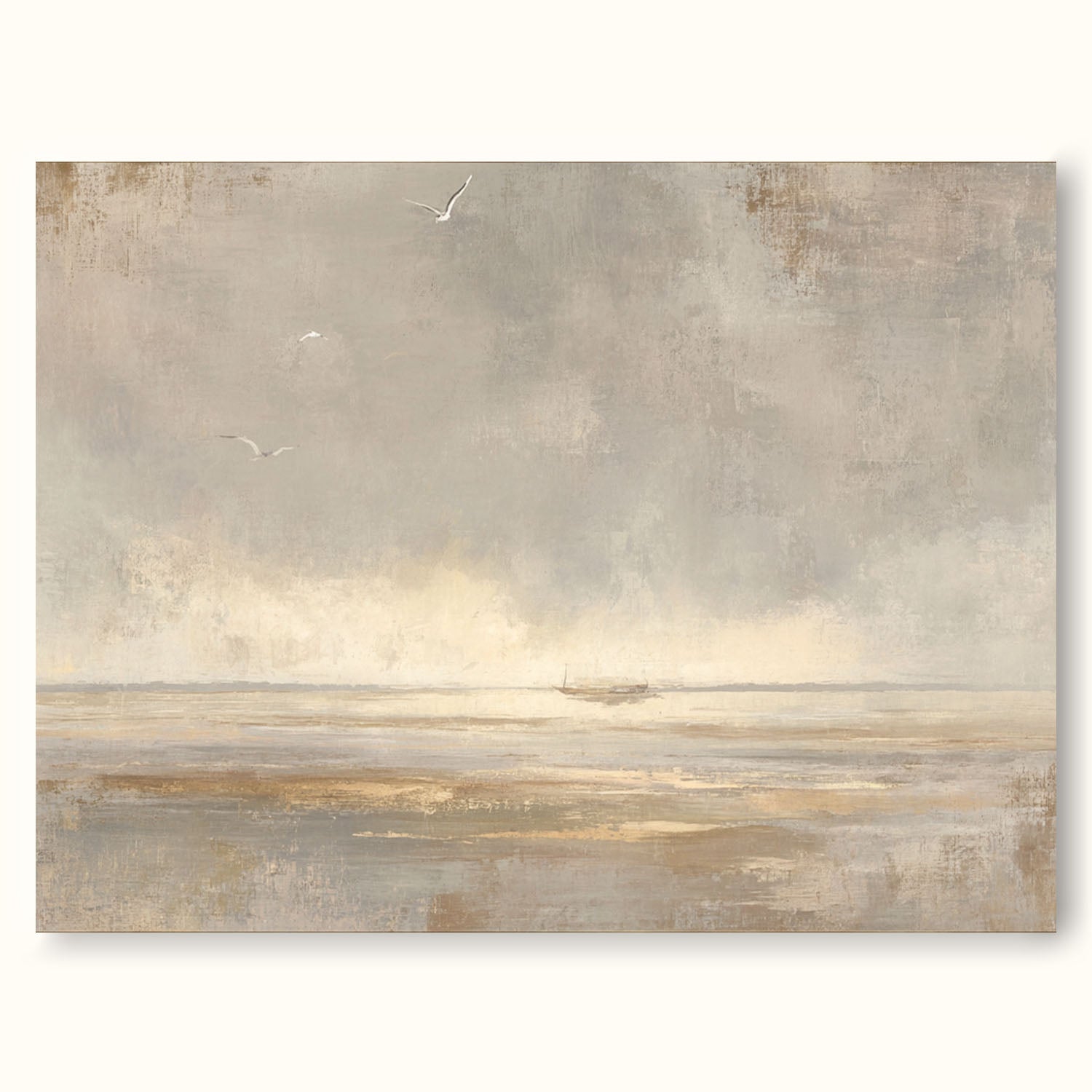 Large Wabi Sabi Ocean Wall Art Original Neutral Seascape Painting With Distant Boat Beige And Taupe Abstract Ocean Scene
