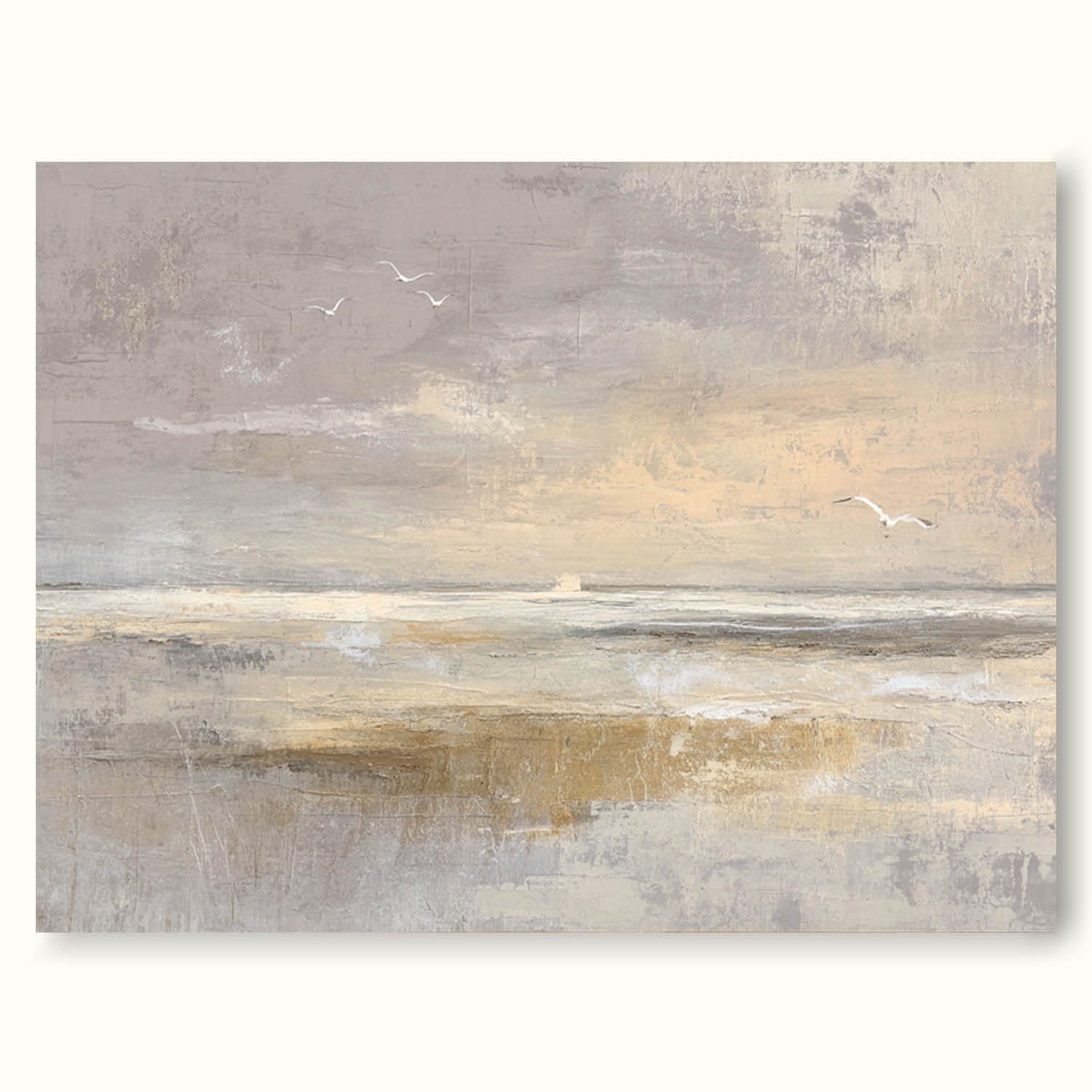 Large Textured Coastal Wall Art Minimalist Beige And Taupe Ocean Artwork Wabi Sabi Abstract Shoreline Canvas With Birds