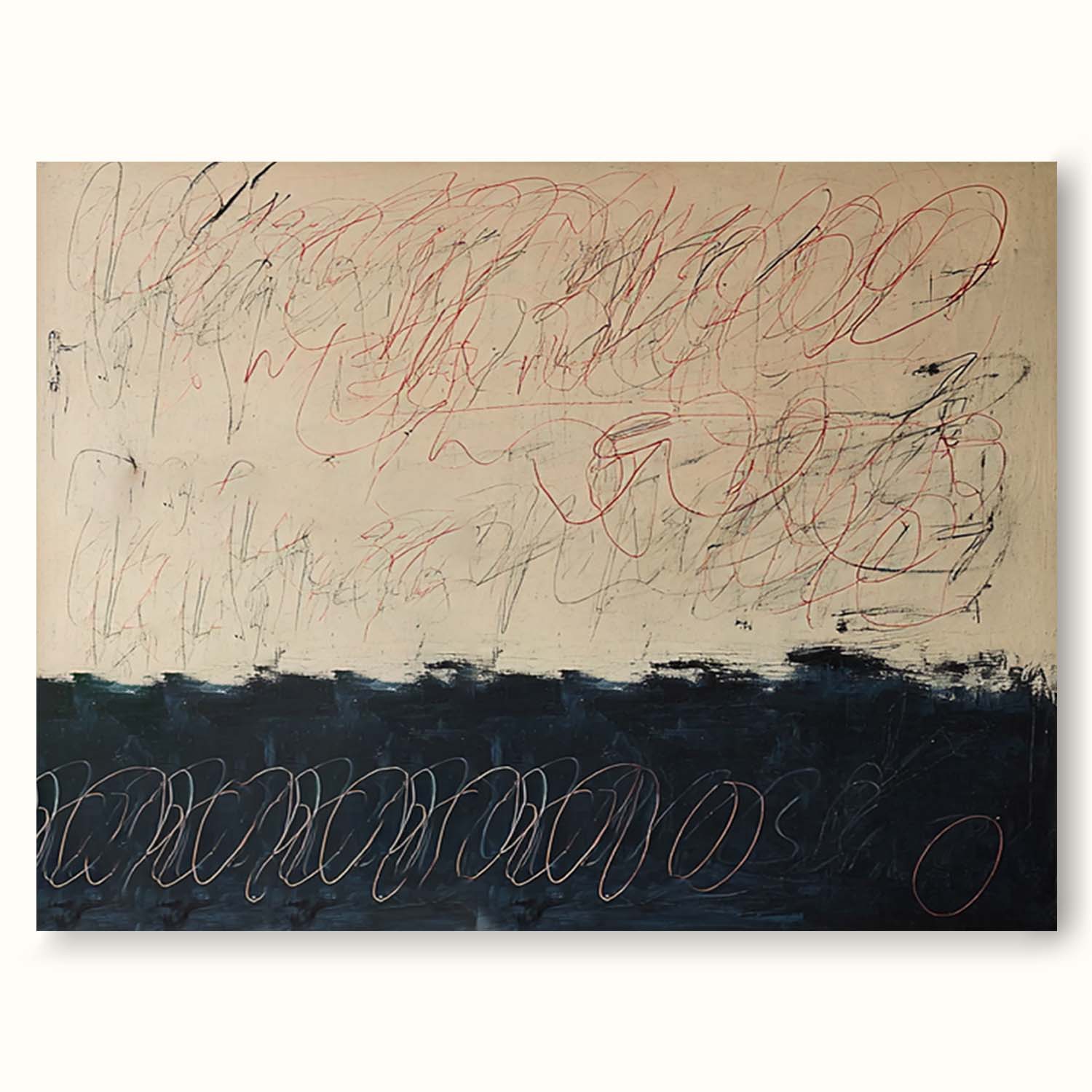 Large Horizontal Beige And Black Abstract Oil Painting Original Minimalist Beige Line Artwork For Modern Interiors