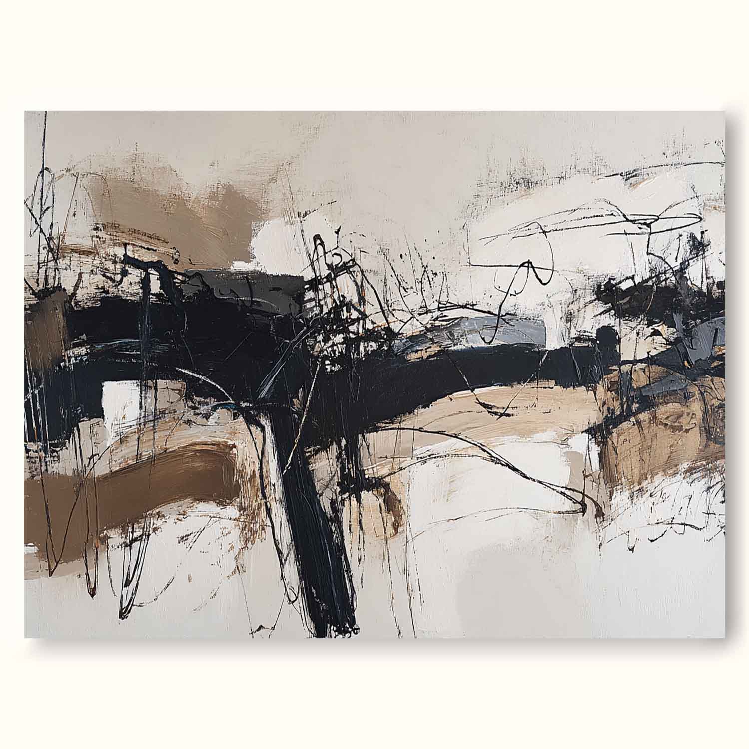 Minimalist Beige And Black Abstract Painting Modern Beige Black Textured Abstract Art Large Beige Black Wall Art