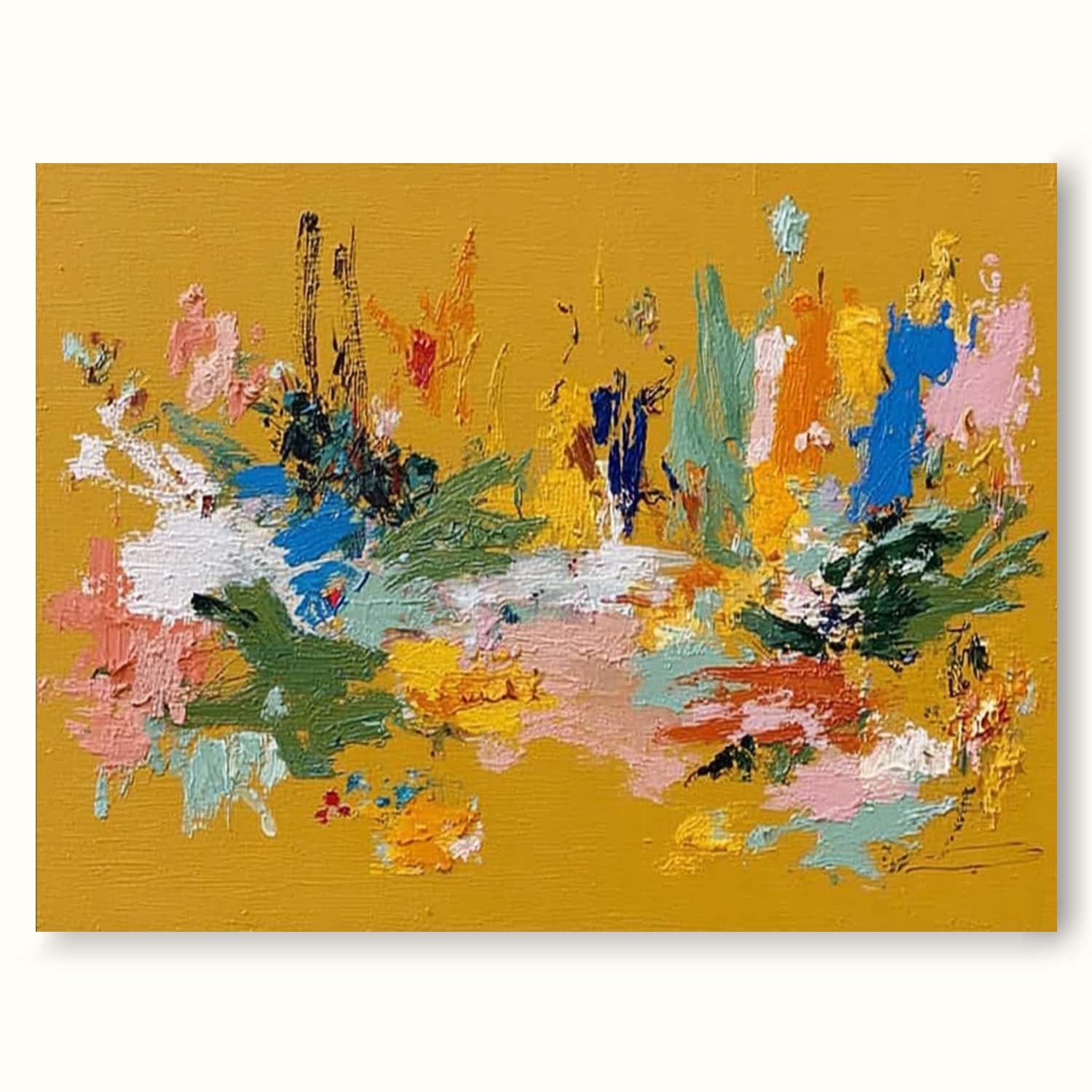 Large Horizontal Orange Floral Abstract Painting With Tactile Texture For Modern Living Room