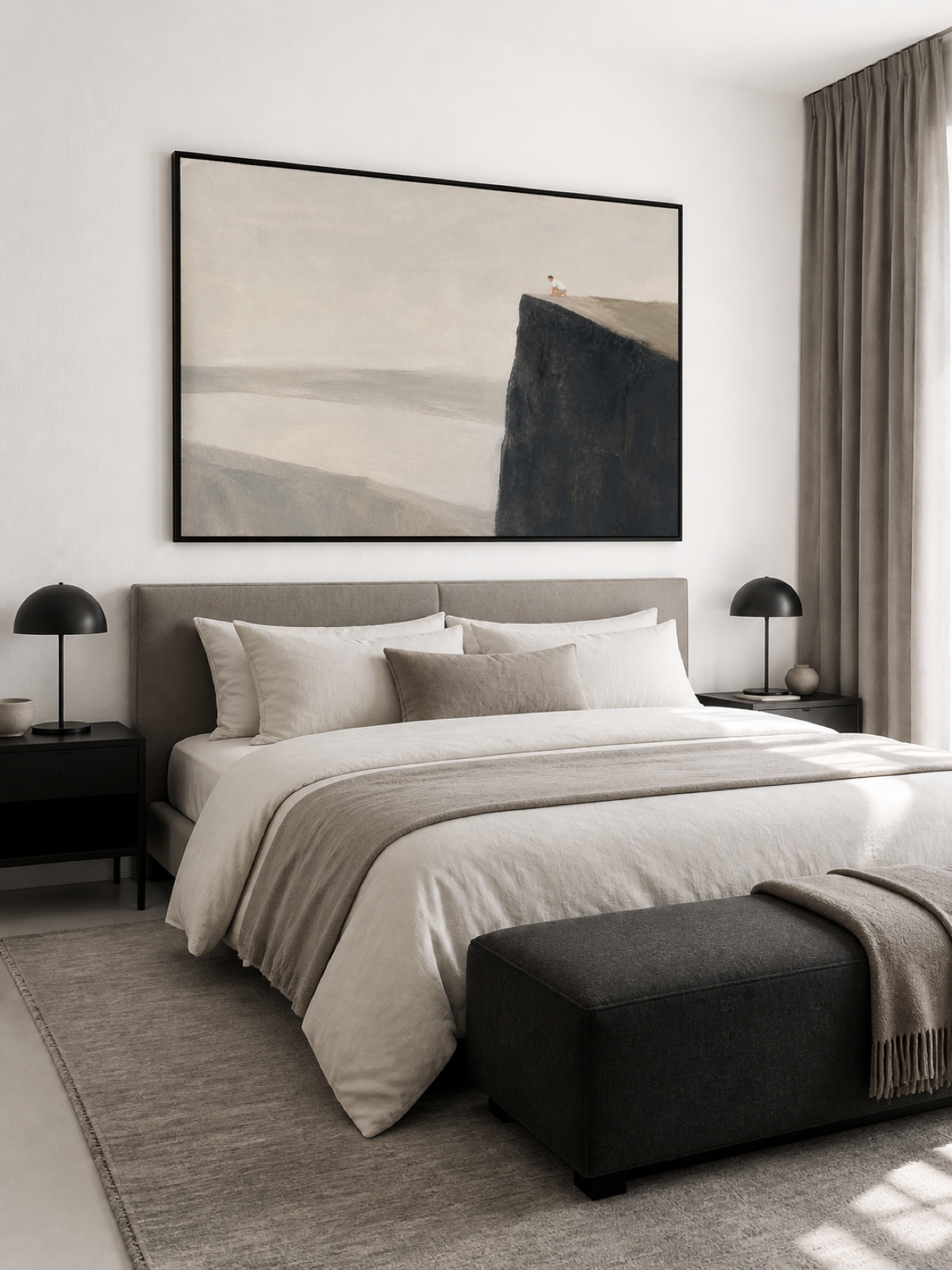 Neutral Black Cliff Oil Painting With A Solitary Figure Modern Wall Art