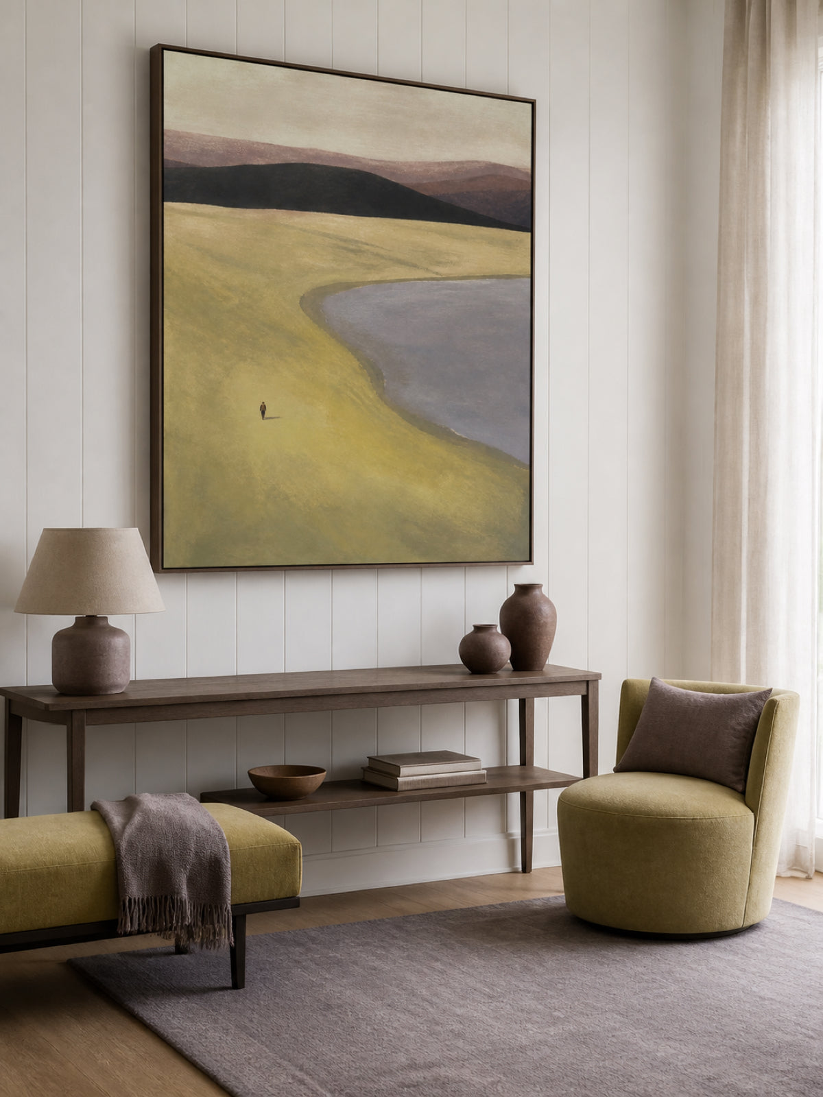 Olive Green Lakeside With A Lone Walker And Distant Hills Framed Painting