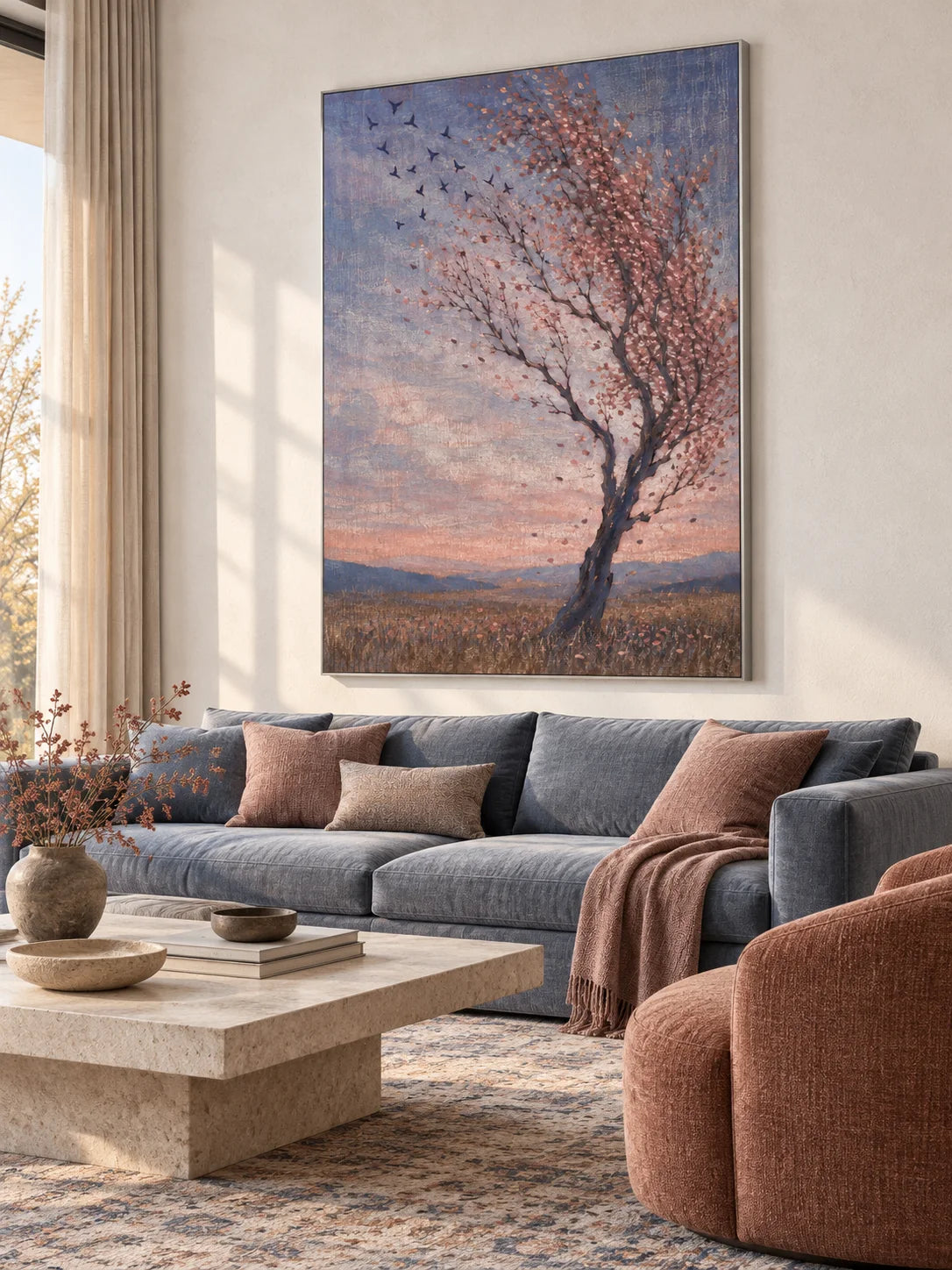 Large Fall Landscape Wall Art Contemporary Tree And Birds Painting For Home