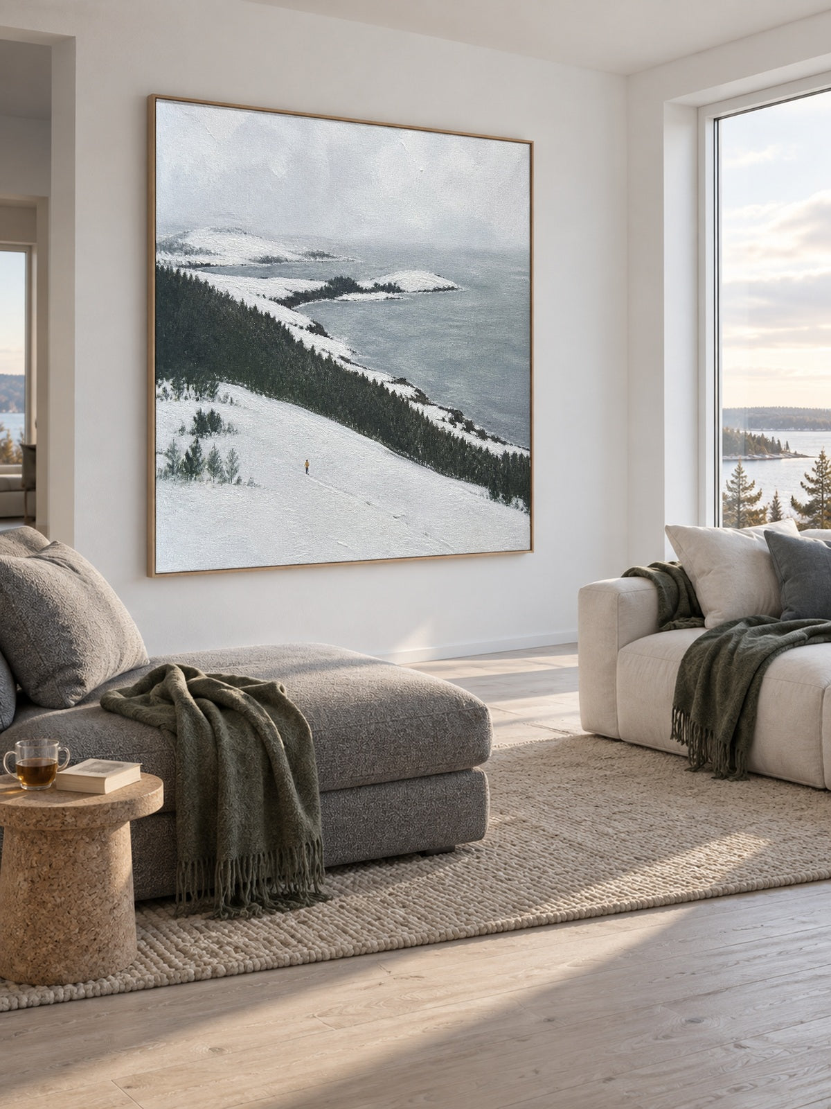 Large Snowy Seaside Landscape Wall Art With Dark Forest For Bedroom Decor