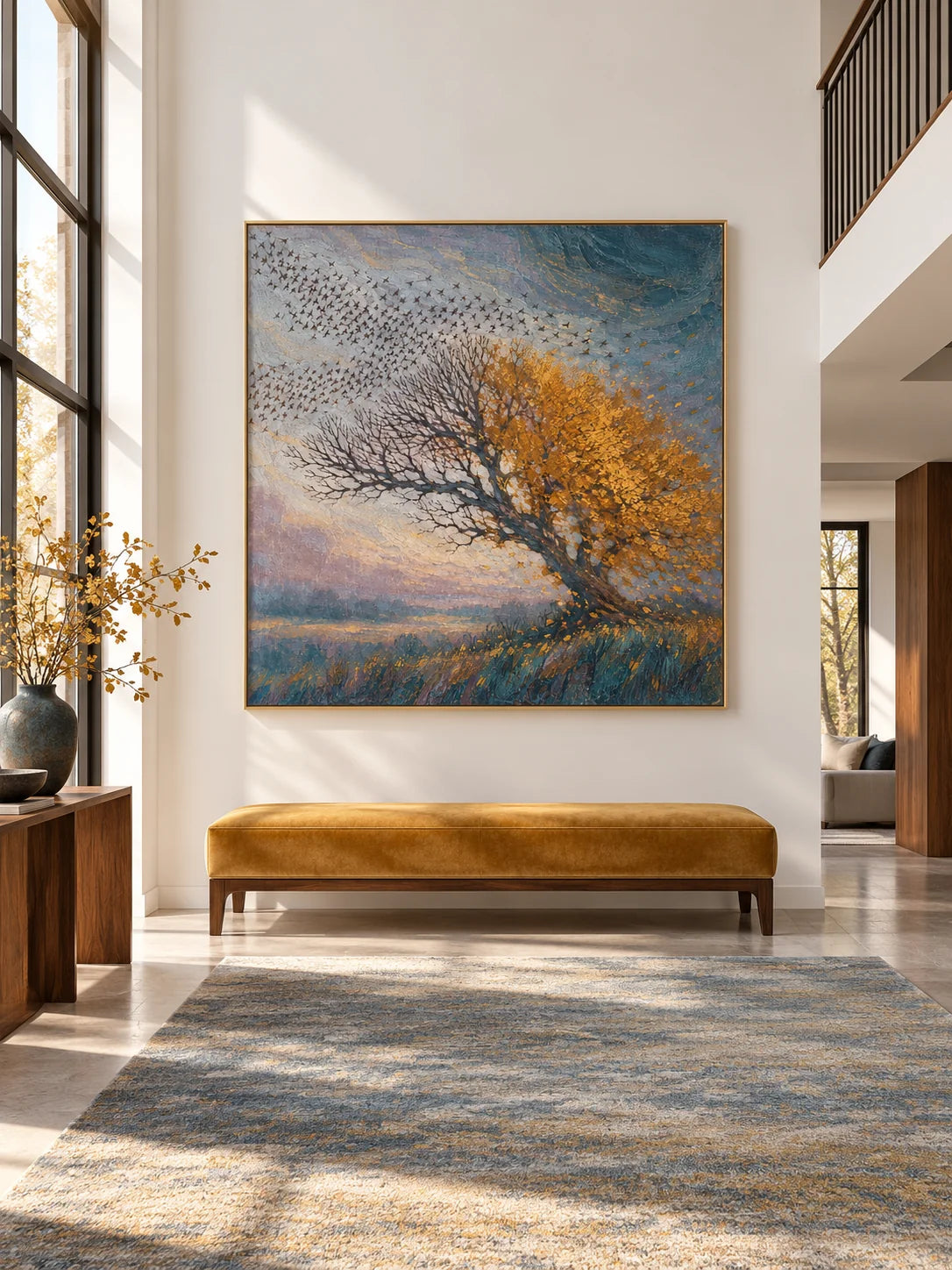 Large Autumn Tree Wall Art Hand Painted Textured Birds And Landscape Painting