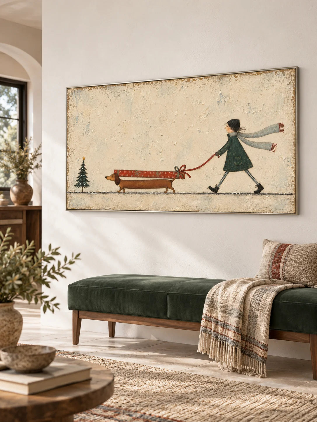 Hand-Painted Dachshund Christmas Art With Girl And Gift Canvas