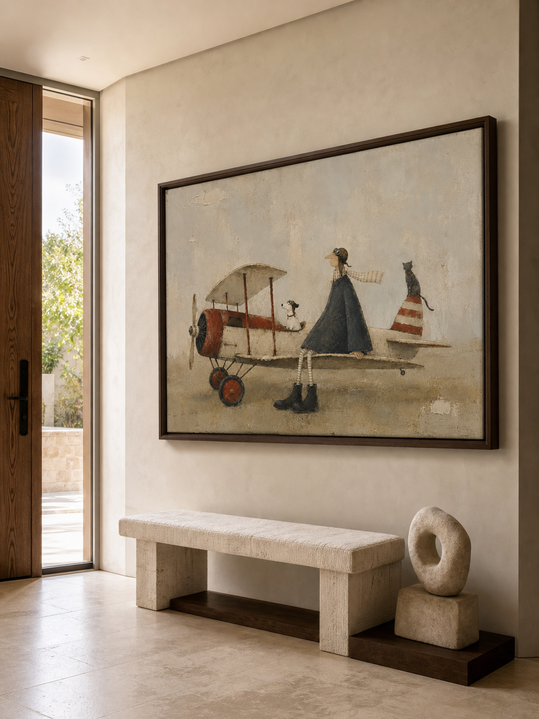 Large Framed Vintage Airplane Canvas Painting With Pilot And Cute Pets