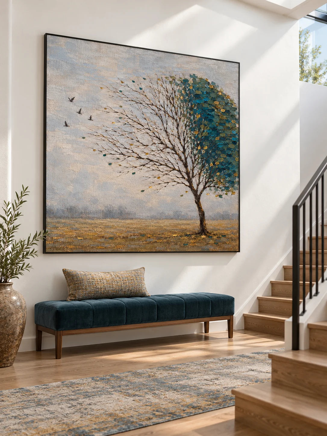 Minimalist Teal Tree Landscape Painting Large Hand Painted Modern Wall Art Canvas